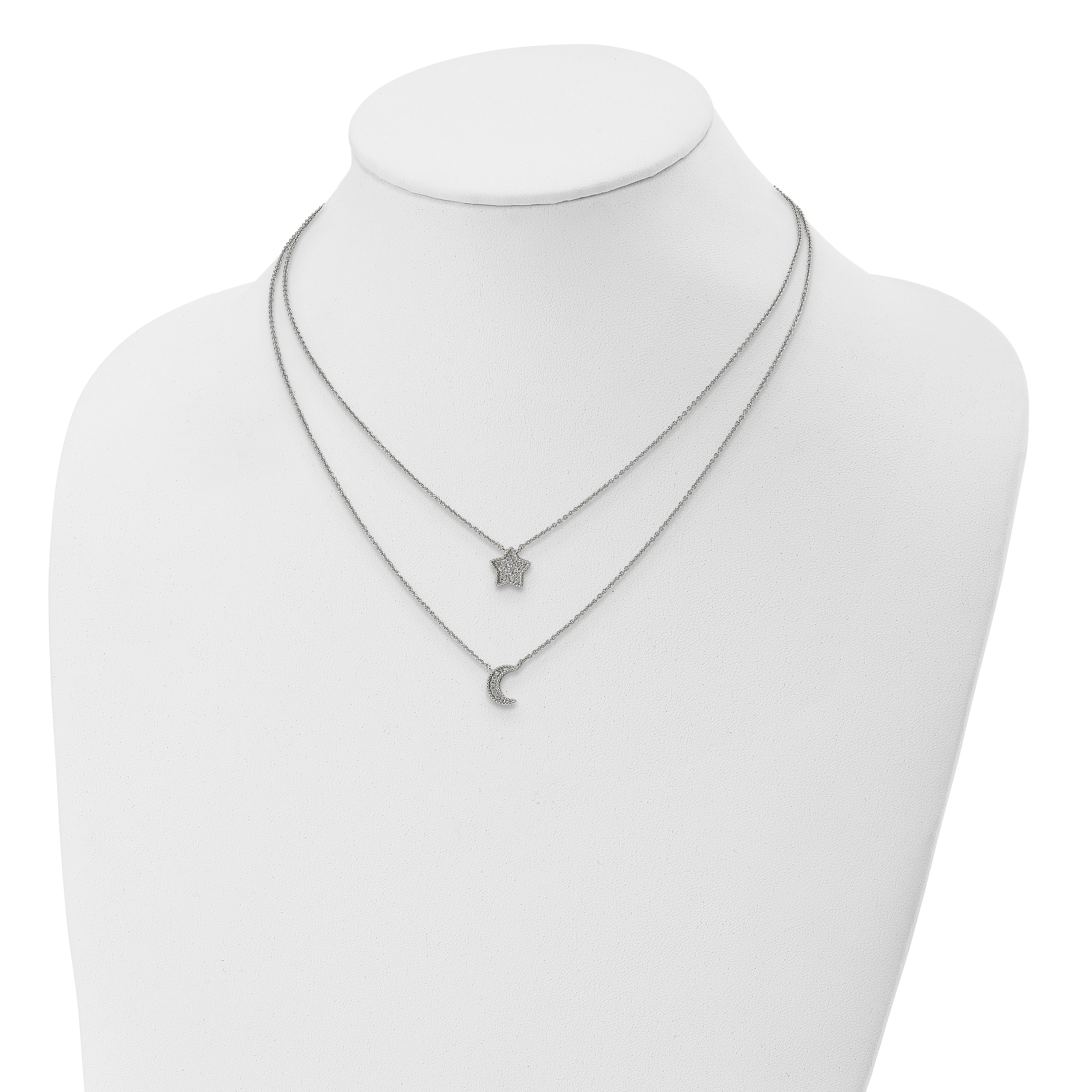 Sterling Silver RH-plated Polished CZ Moon and Star Double Strand Necklace