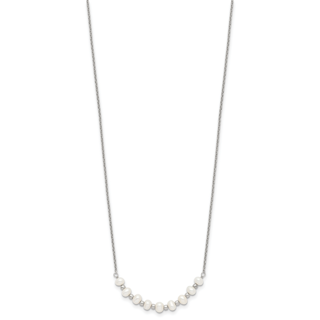 Sterling Silver Polished & Beaded 3-4mm Semi-round Freshwater Cultured Pearl Curved Children's Necklace