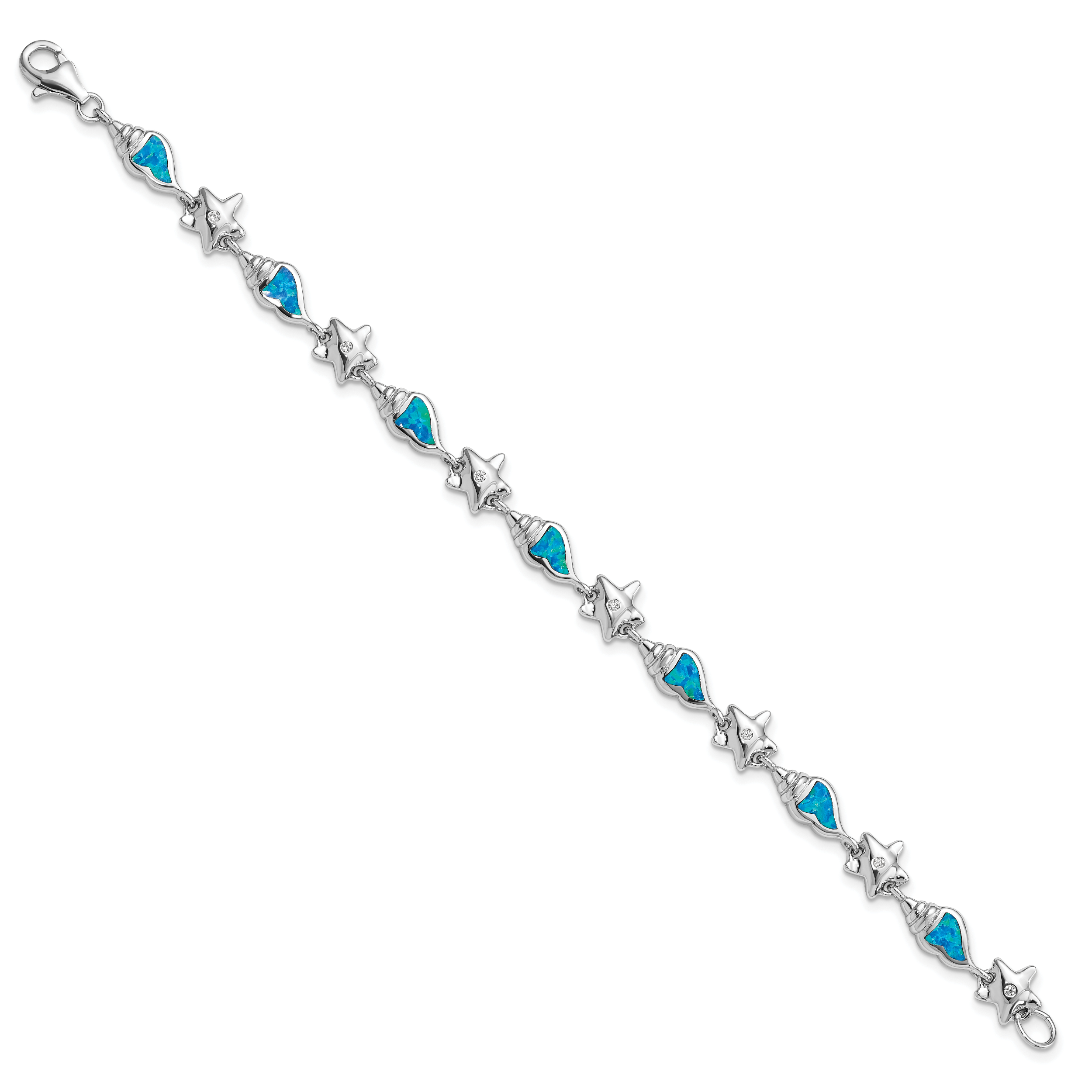 Sterling Silver Rhodium Starfish CZ and Created Opal Seashell 7.25 inch Bracelet Secondary image