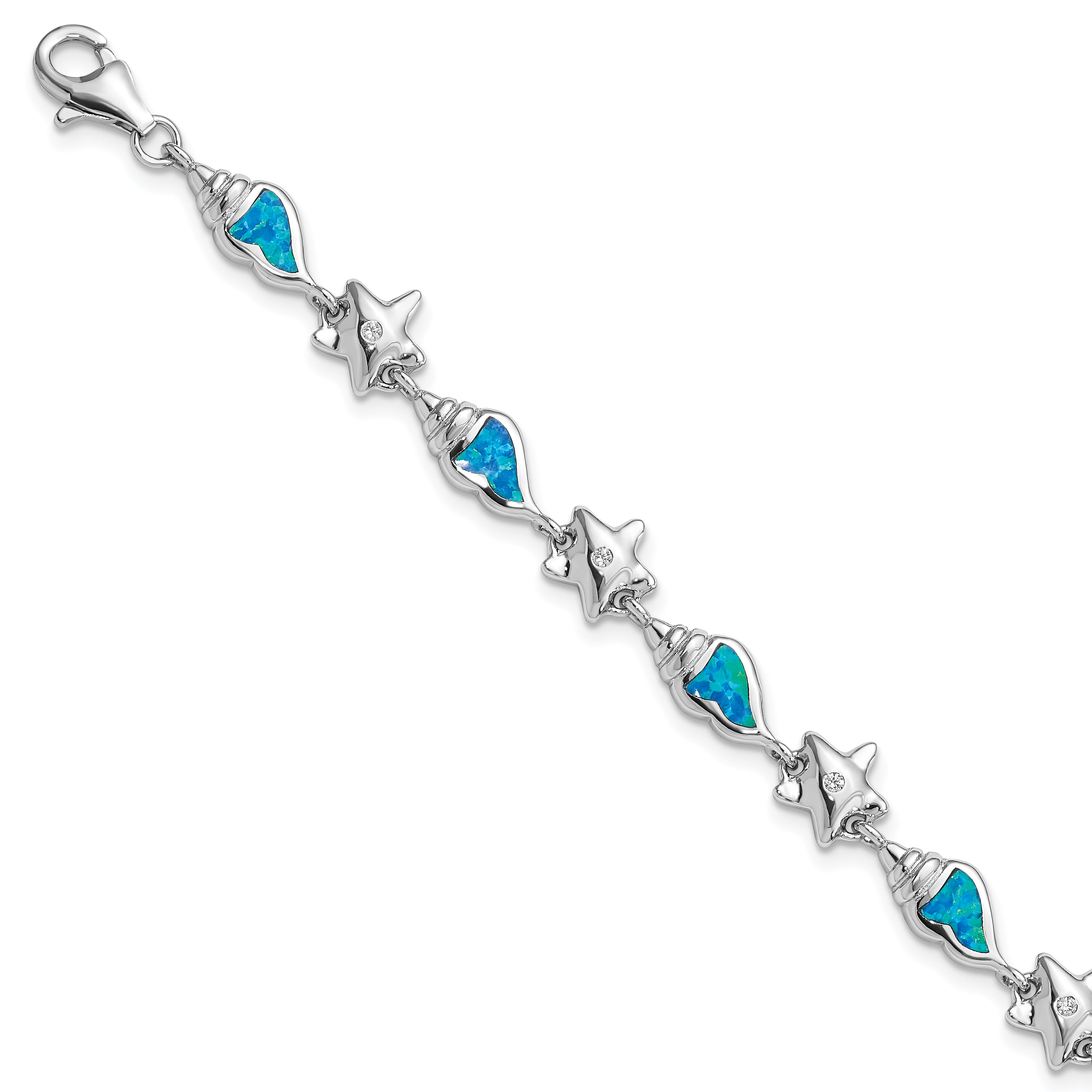 Sterling Silver Rhodium Starfish CZ and Created Opal Seashell 7.25 inch Bracelet Main image