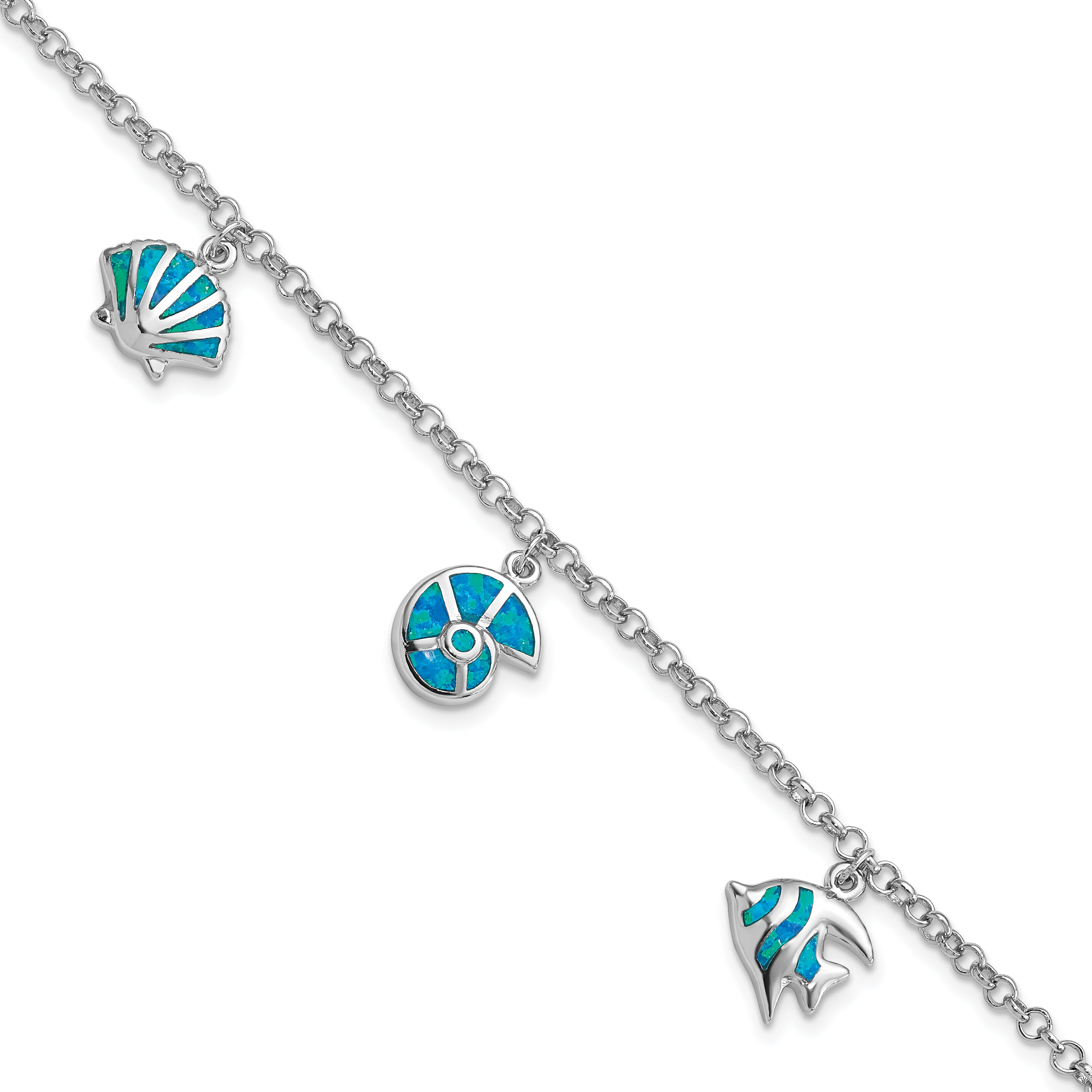 Sterling Silver Rhodium Created Opal Fish and Shells Charm 7.25 inch Bracelet Main image