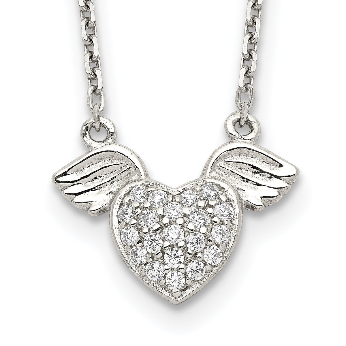 Sterling Silver Rhodium-plated Polished CZ Heart With Wings 16 inch Necklace