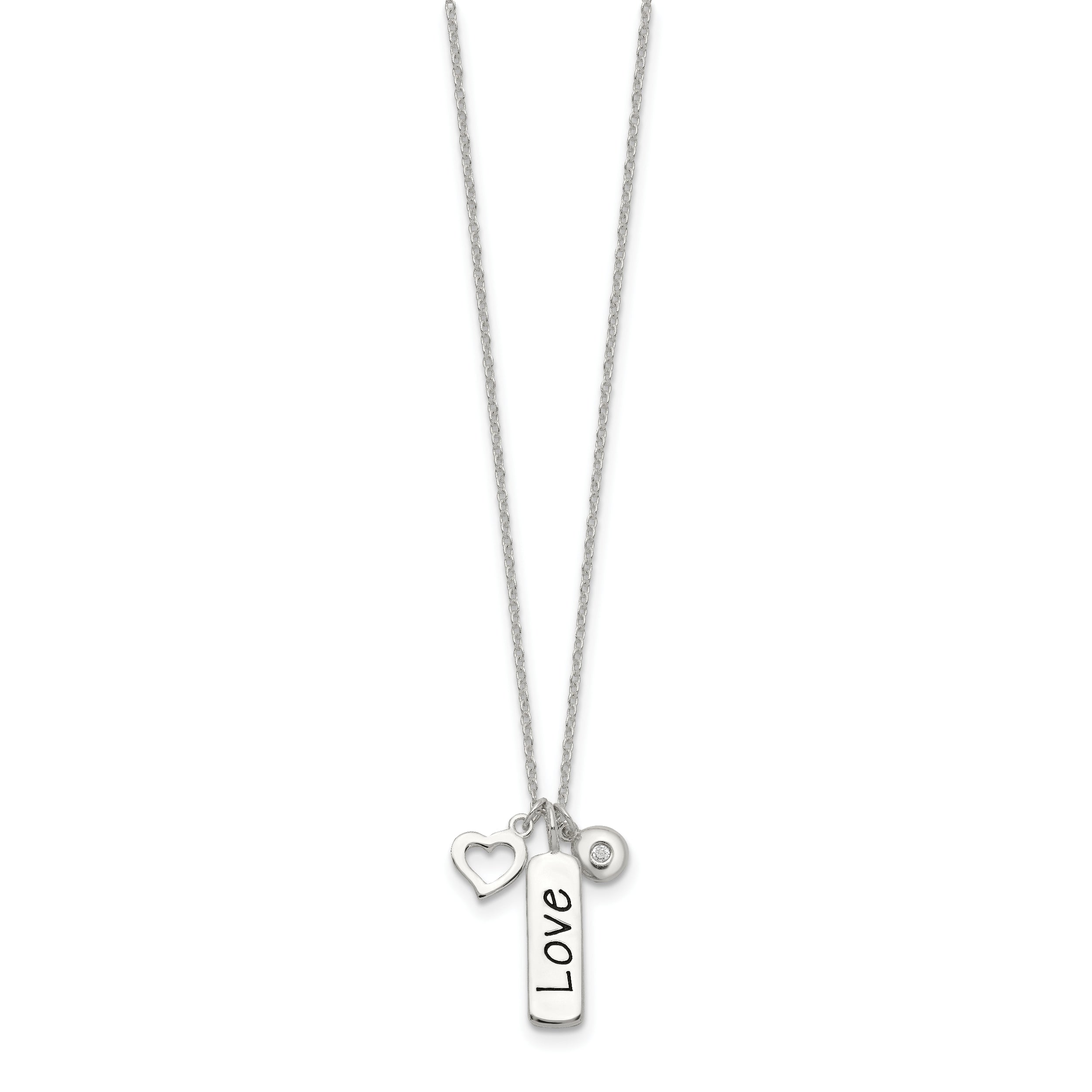 Sterling Silver Antiqued/Polished CZ LOVE Heart With 1in ext Necklace