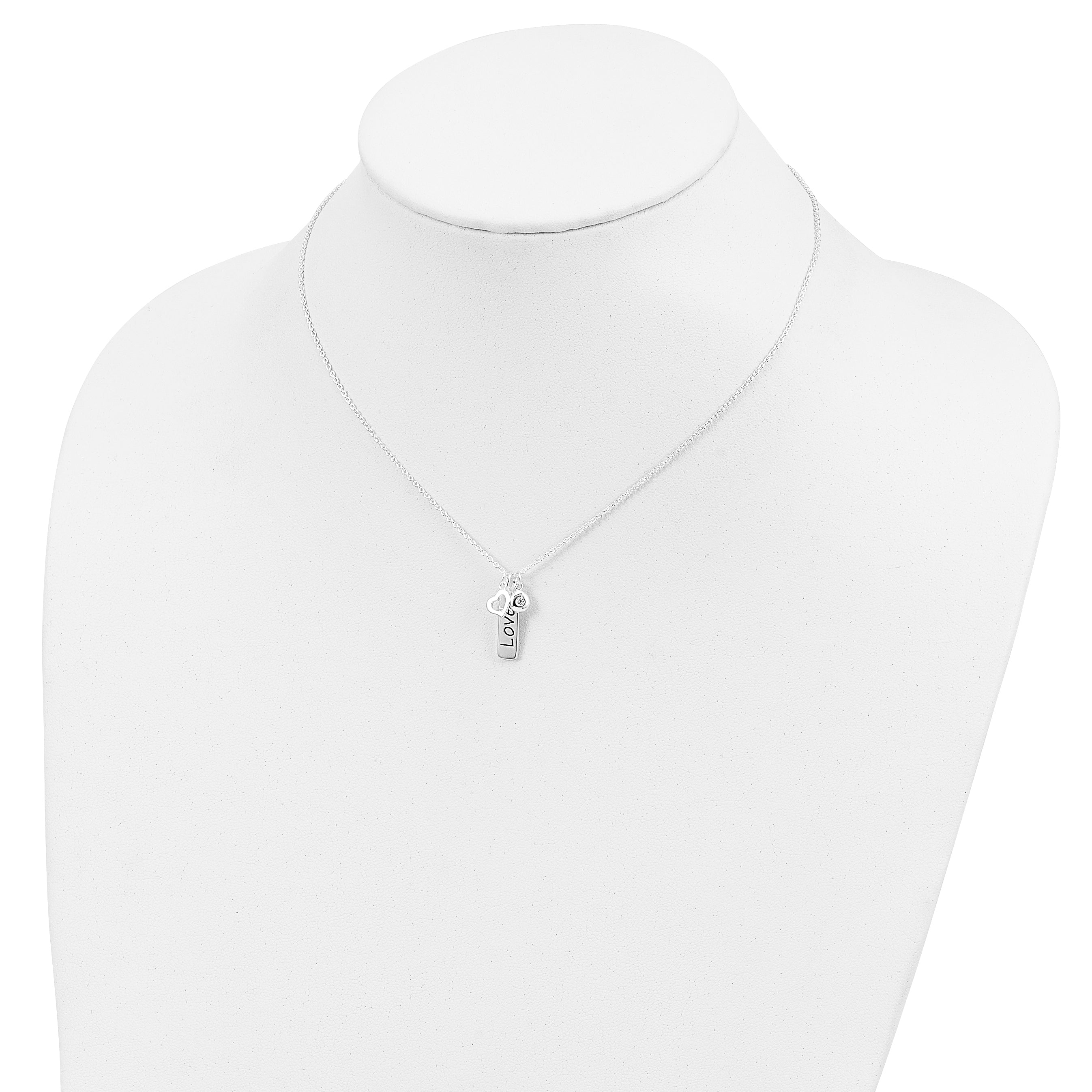 Sterling Silver Antiqued/Polished CZ LOVE Heart With 1in ext Necklace