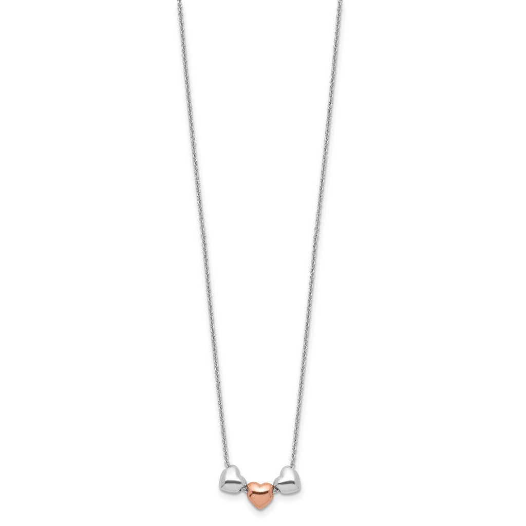 Sterling Silver Rhodium Rose-tone 3-Hearts With .75 ext Necklace