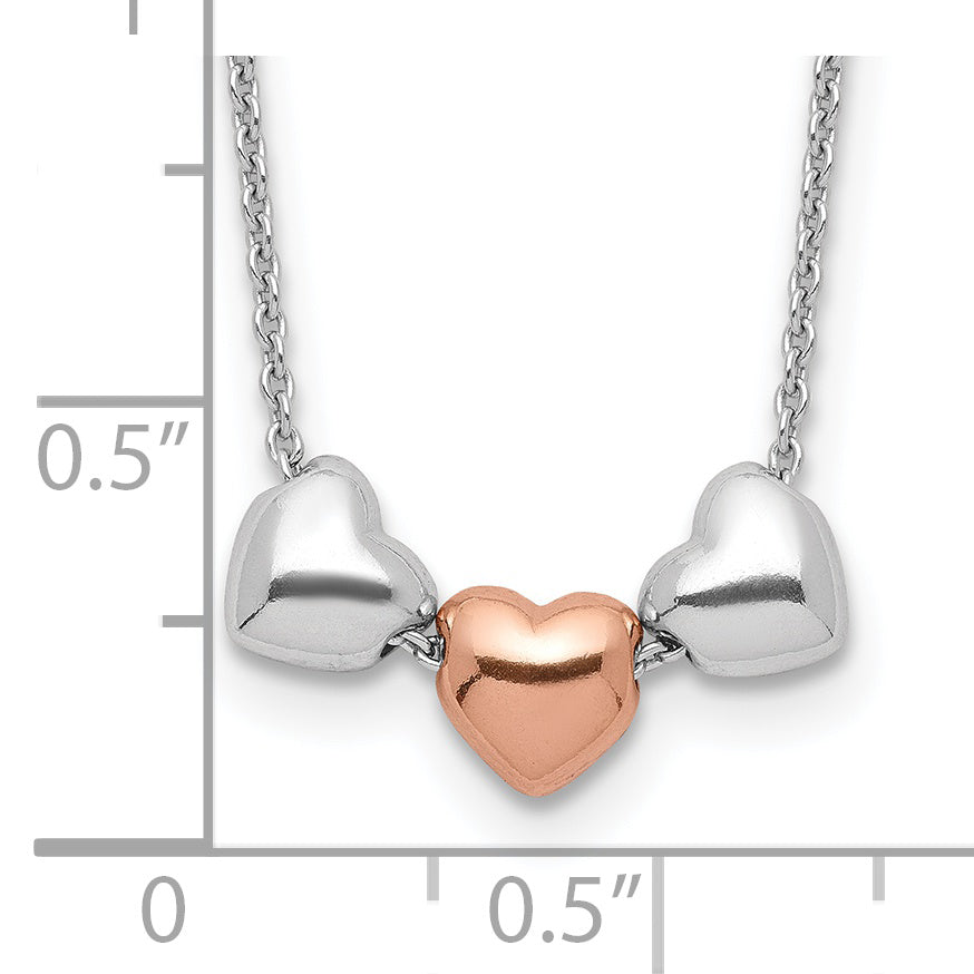 Sterling Silver Rhodium Rose-tone 3-Hearts With .75 ext Necklace