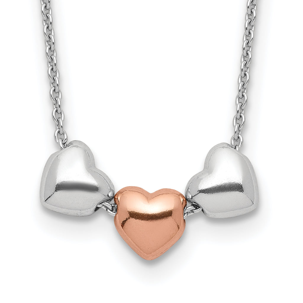 Sterling Silver Rhodium Rose-tone 3-Hearts With .75 ext Necklace