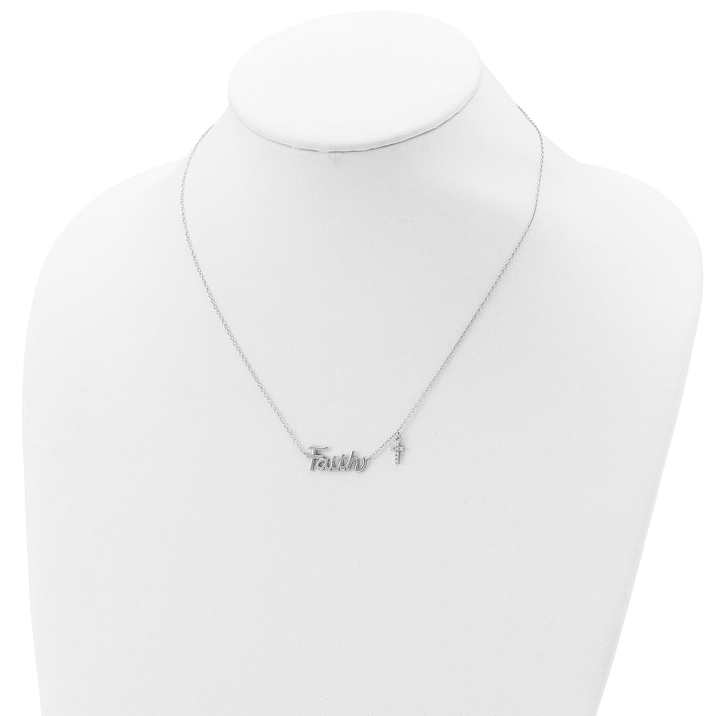 Sterling Silver Rhodium-plated FAITH With CZ Cross Charm Necklace