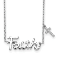 Sterling Silver Rhodium-plated FAITH With CZ Cross Charm Necklace