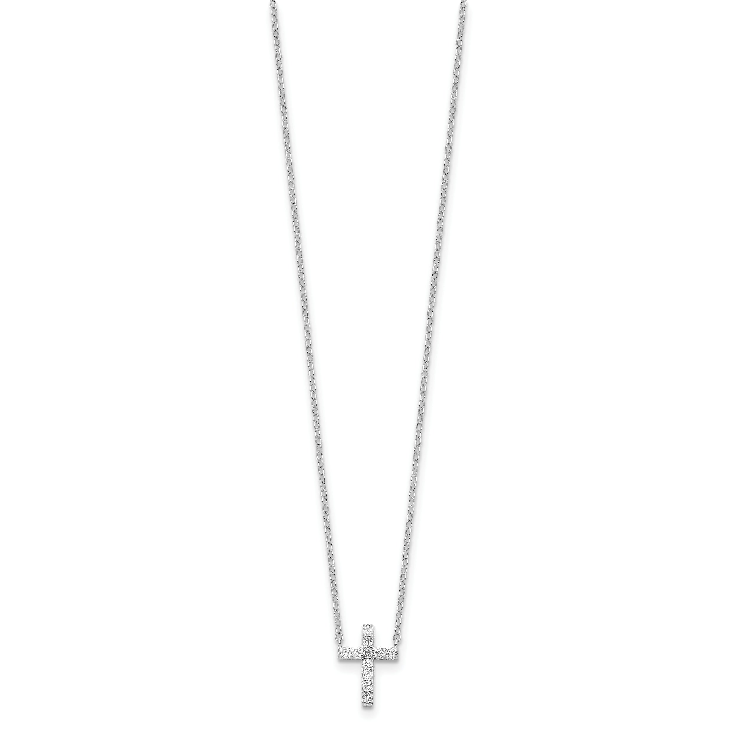 Sterling Silver Rhodium-plated CZ Cross With 2in ext. Necklace