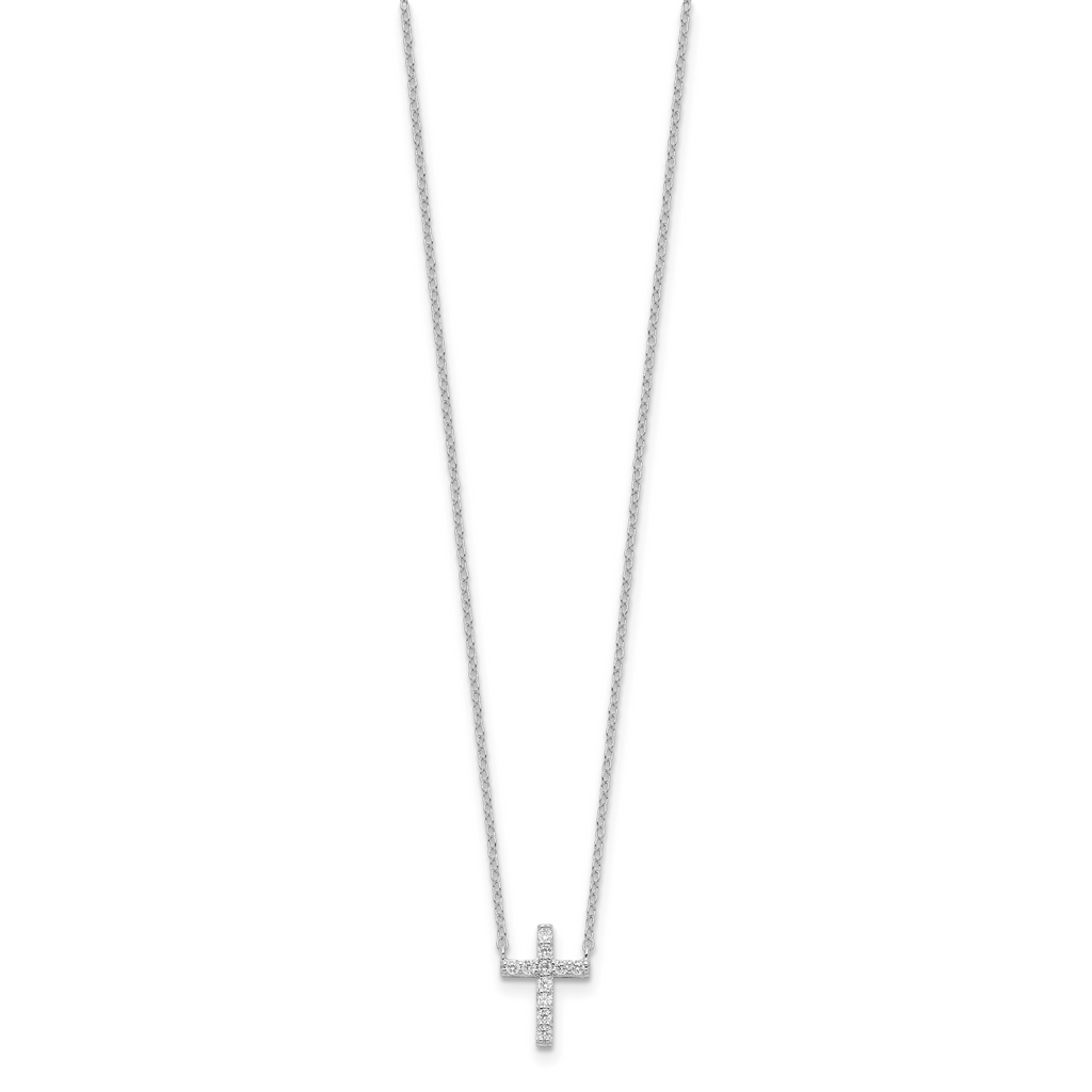 Sterling Silver Rhodium-plated CZ Cross With 2in ext. Necklace