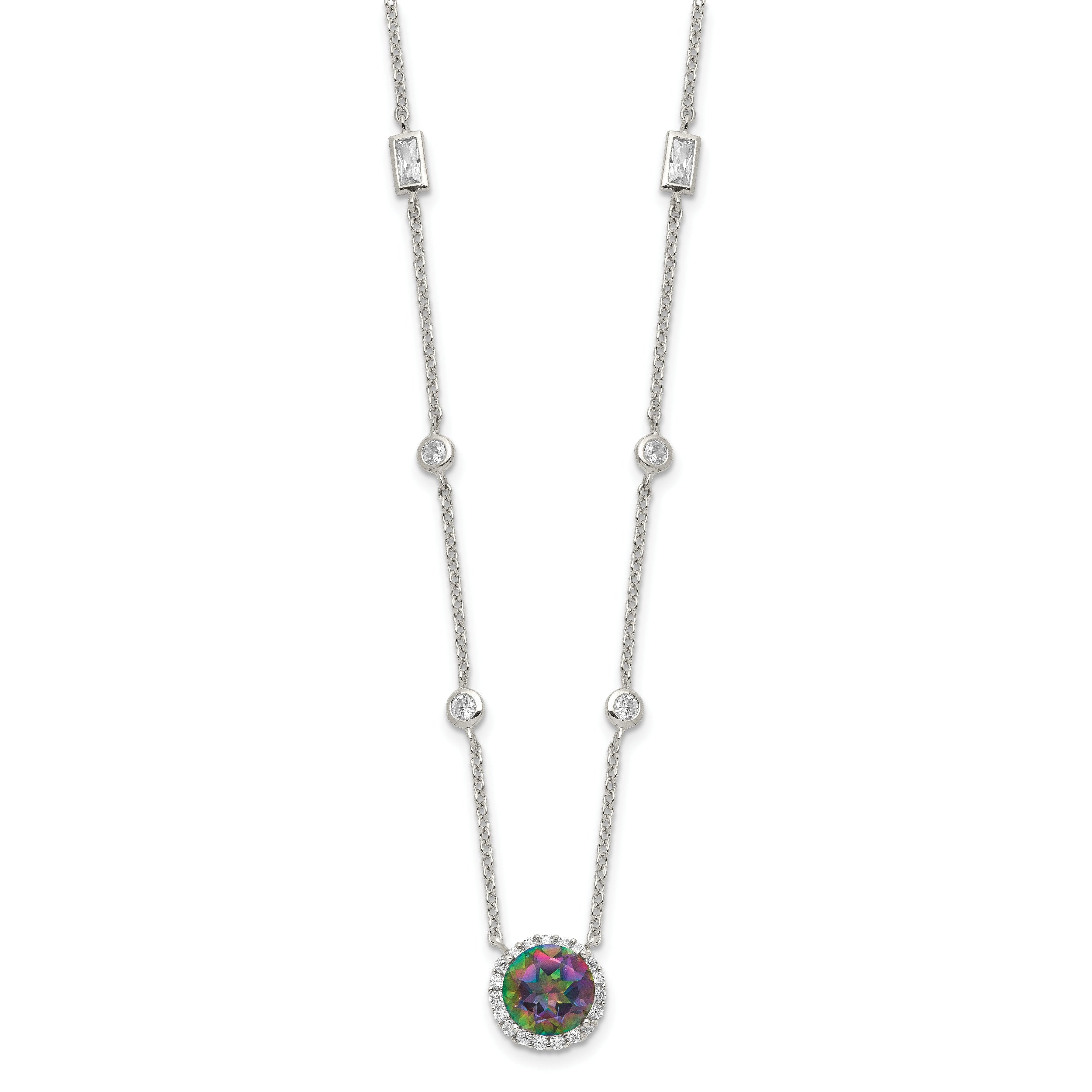 Sterling Silver RH-plated Dark Mystic CZ Halo Pendant on 10-Station Necklac
