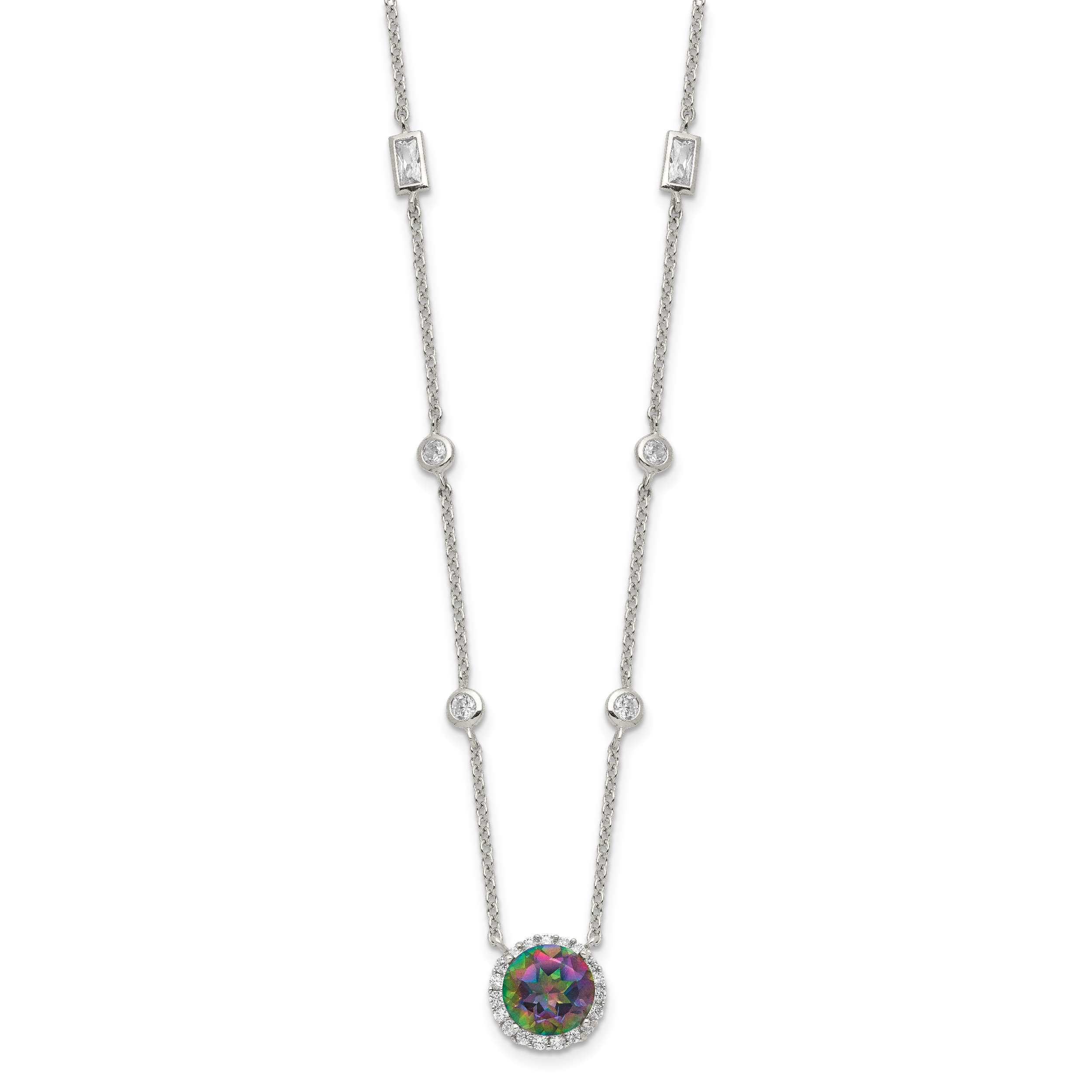 Sterling Silver RH-plated Dark Mystic CZ Halo Pendant on 10-Station Necklac Secondary image