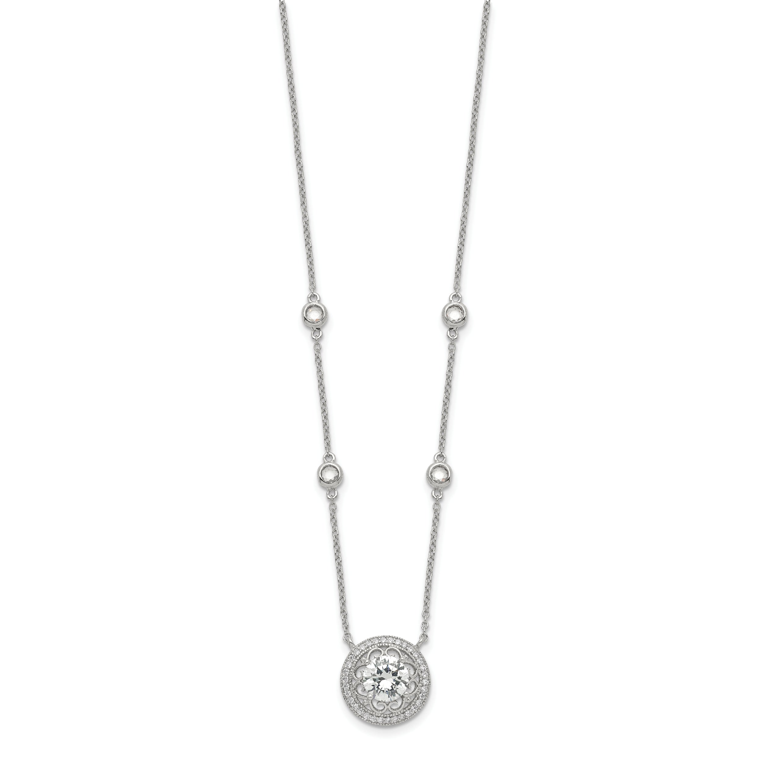 Sterling Silver RH-plated Round CZ Pendant With 2in. ext. 4-Station Necklace