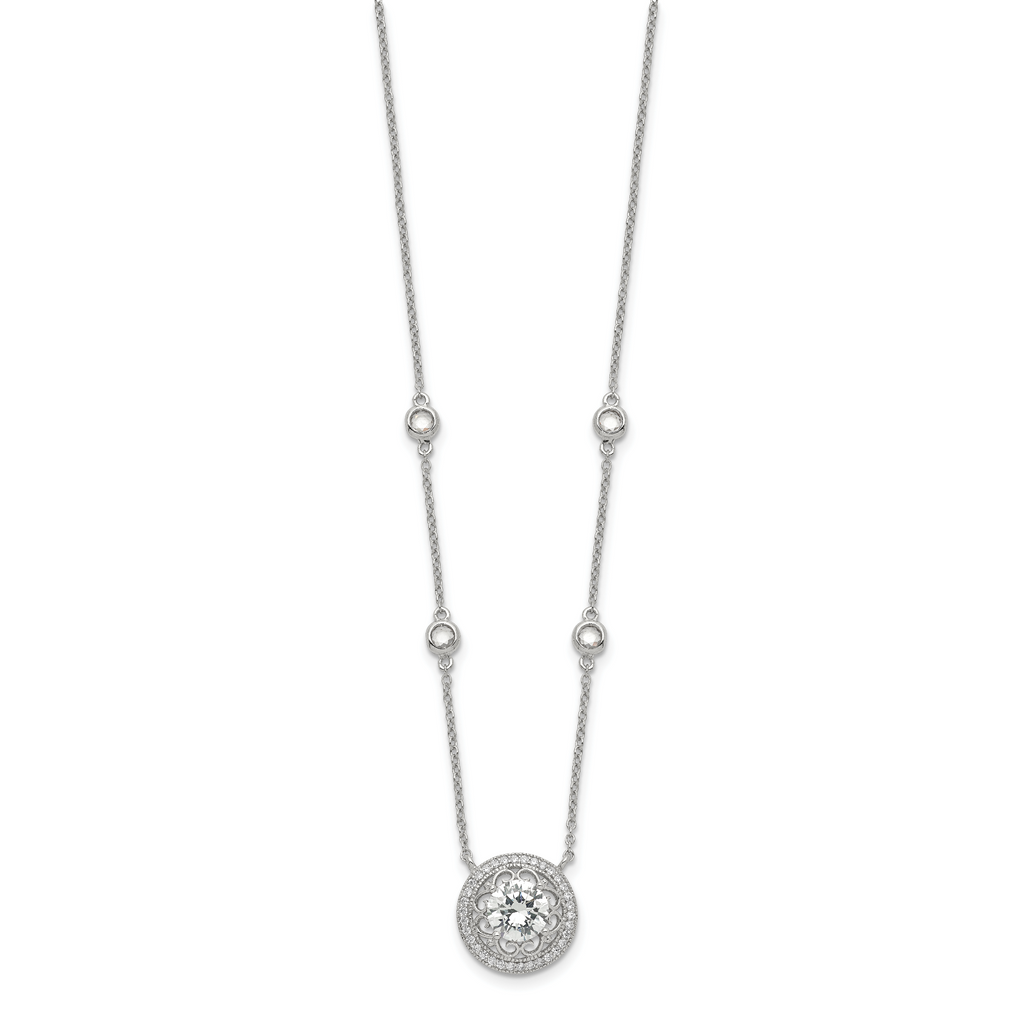 Sterling Silver RH-plated Round CZ Pendant With 2in. ext. 4-Station Necklace