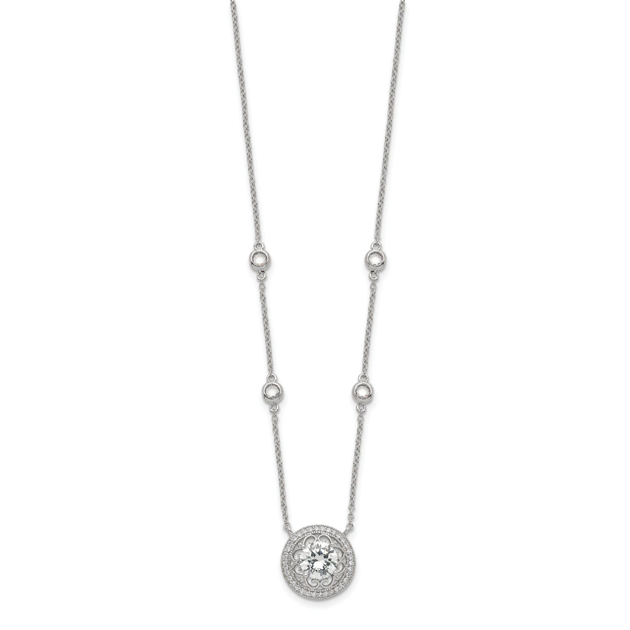 Sterling Silver RH-plated Round CZ Pendant With 2in. ext. 4-Station Necklace