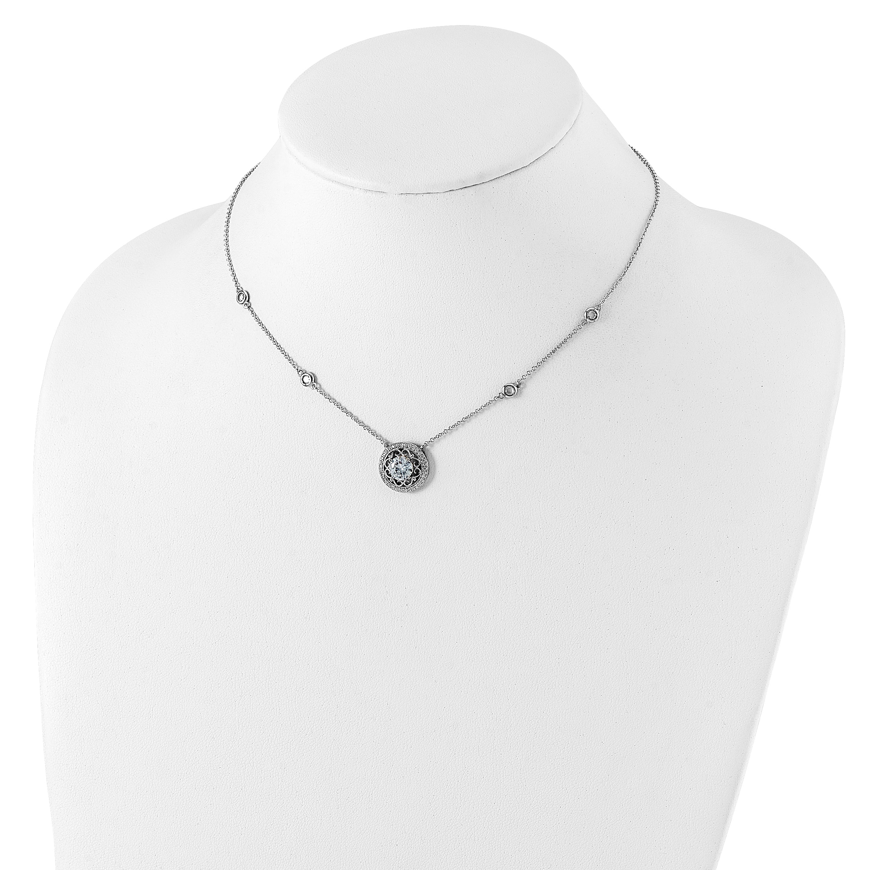 Sterling Silver RH-plated Round CZ Pendant With 2in. ext. 4-Station Necklace
