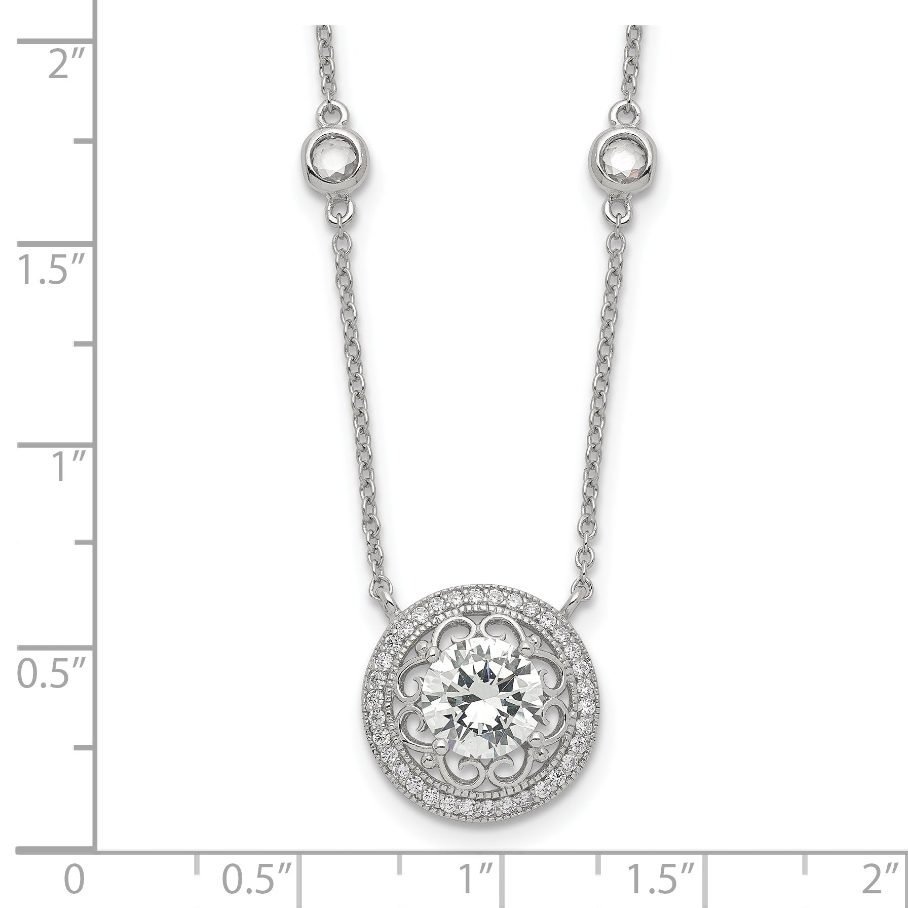 Sterling Silver RH-plated Round CZ Pendant With 2in. ext. 4-Station Necklace