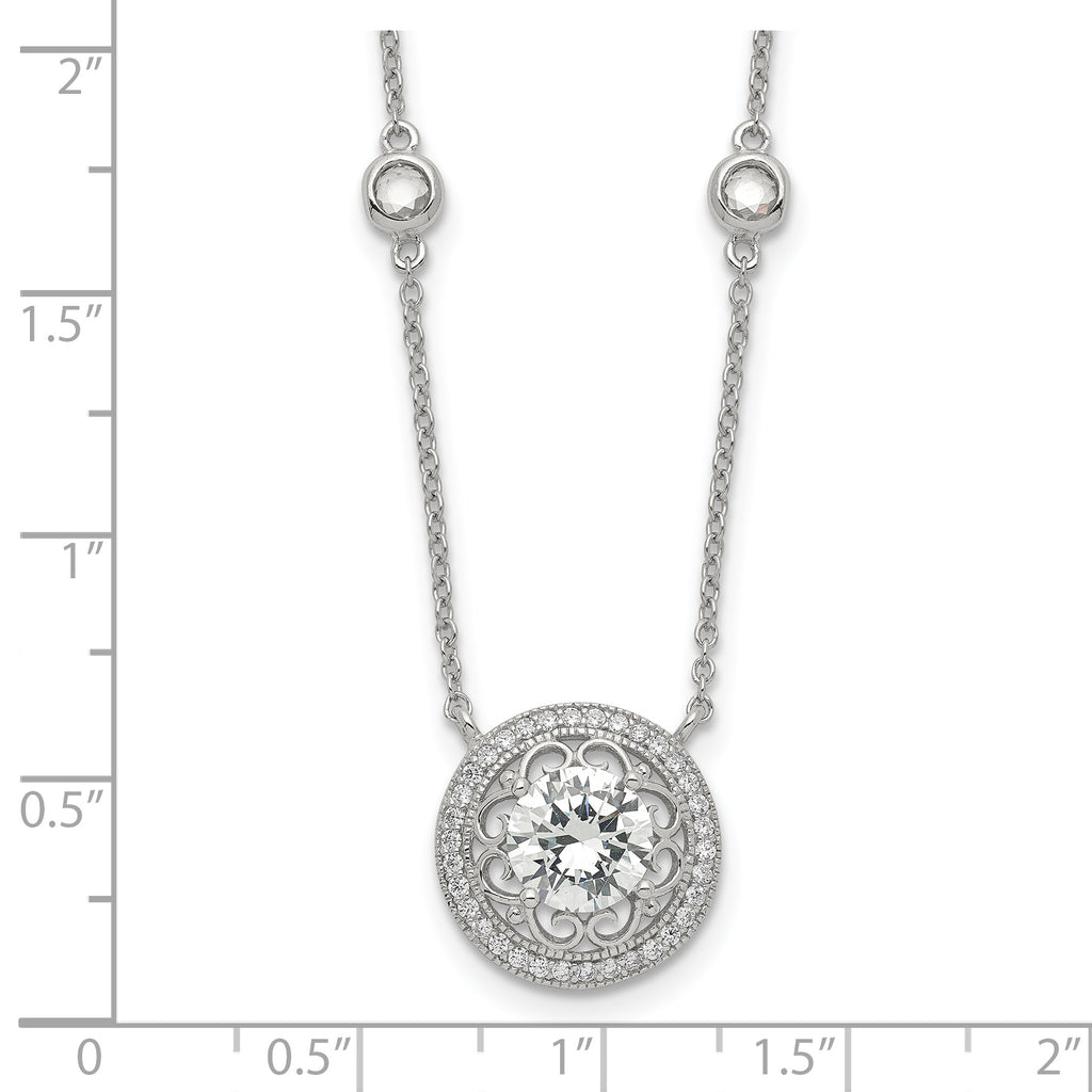 Sterling Silver RH-plated Round CZ Pendant With 2in. ext. 4-Station Necklace