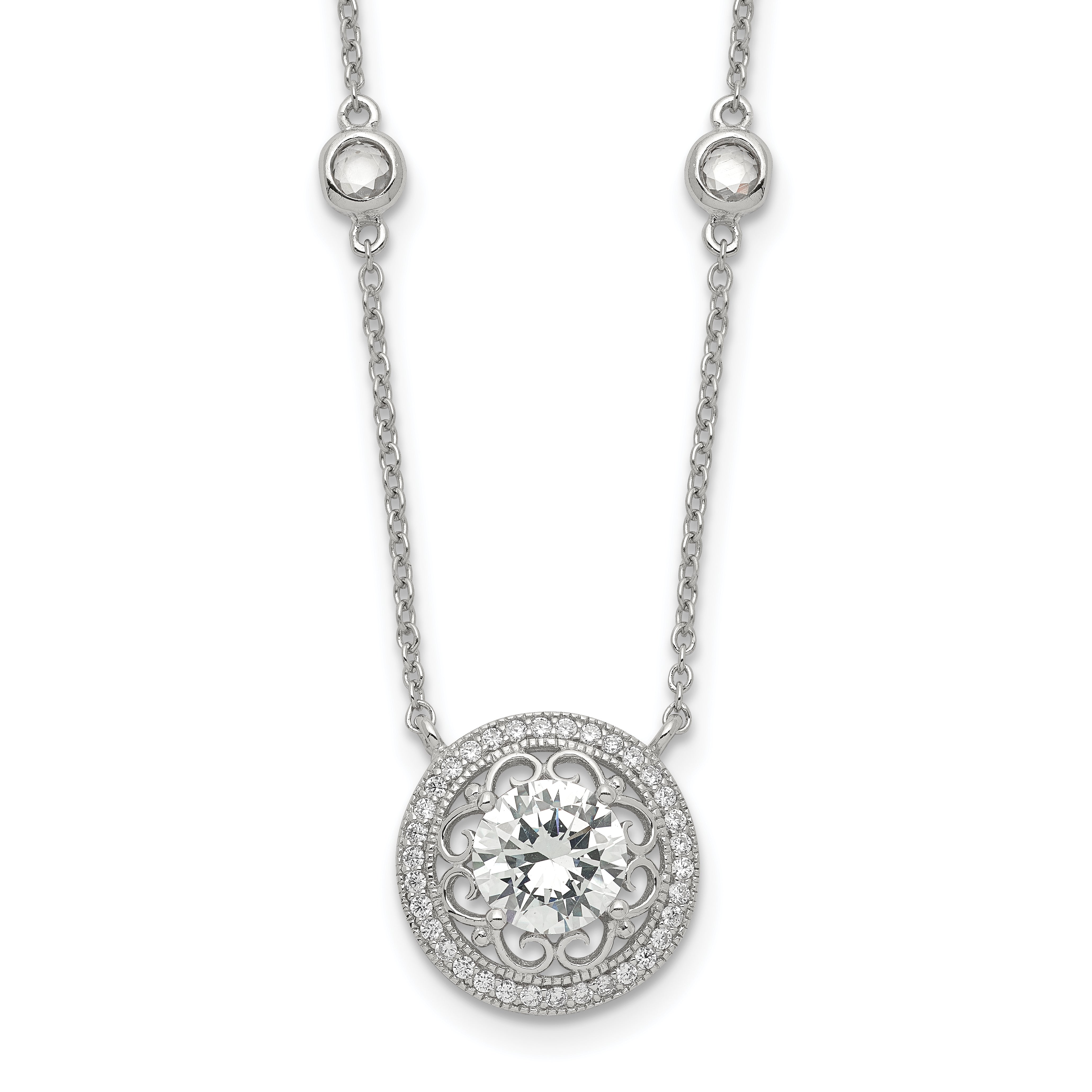 Sterling Silver RH-plated Round CZ Pendant With 2in. ext. 4-Station Necklace