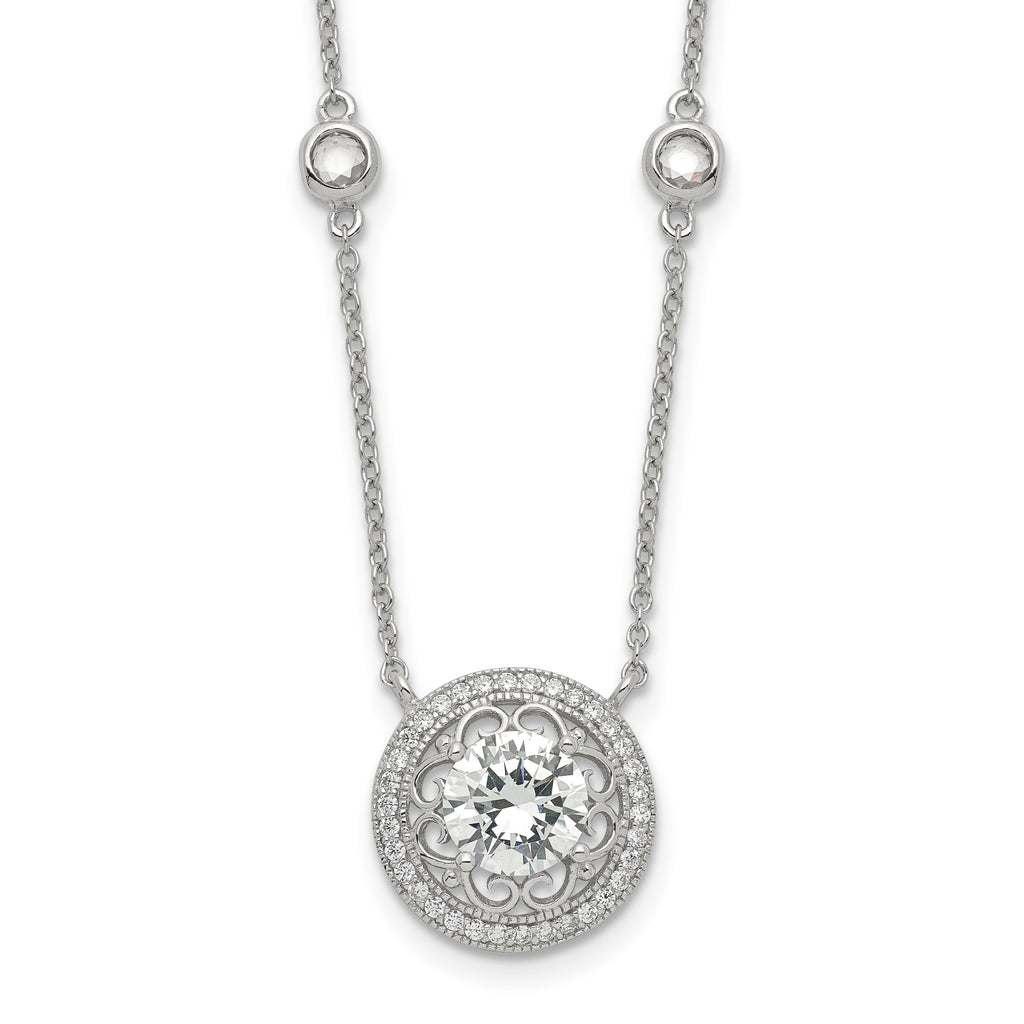 Sterling Silver RH-plated Round CZ Pendant With 2in. ext. 4-Station Necklace