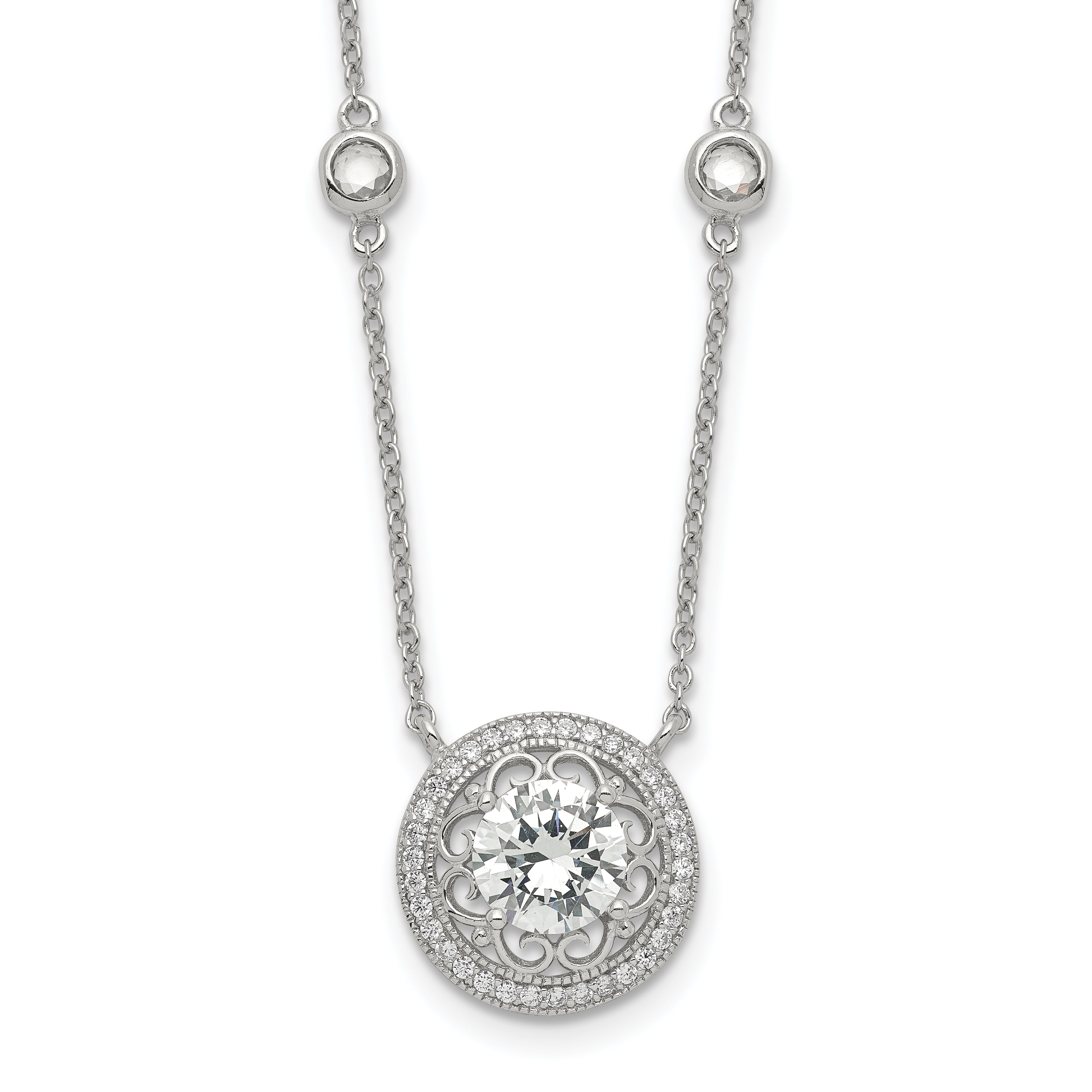 Sterling Silver RH-plated Round CZ Pendant With 2in. ext. 4-Station Necklace