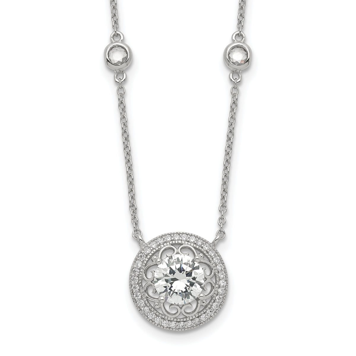Sterling Silver RH-plated Round CZ Pendant With 2in. ext. 4-Station Necklace