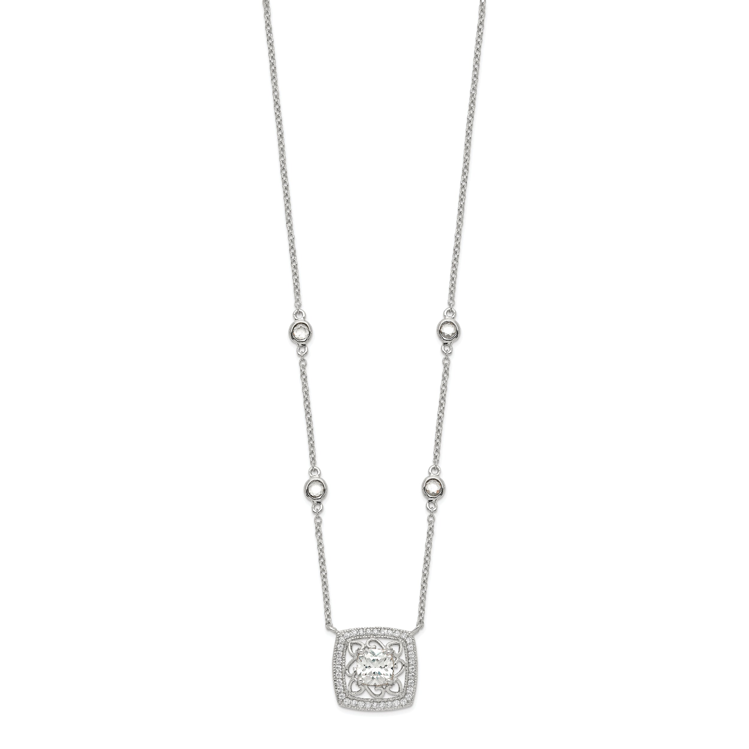 Sterling Silver Rhod-pltd Square CZ Pendant With 2in ext 4-Station Necklace