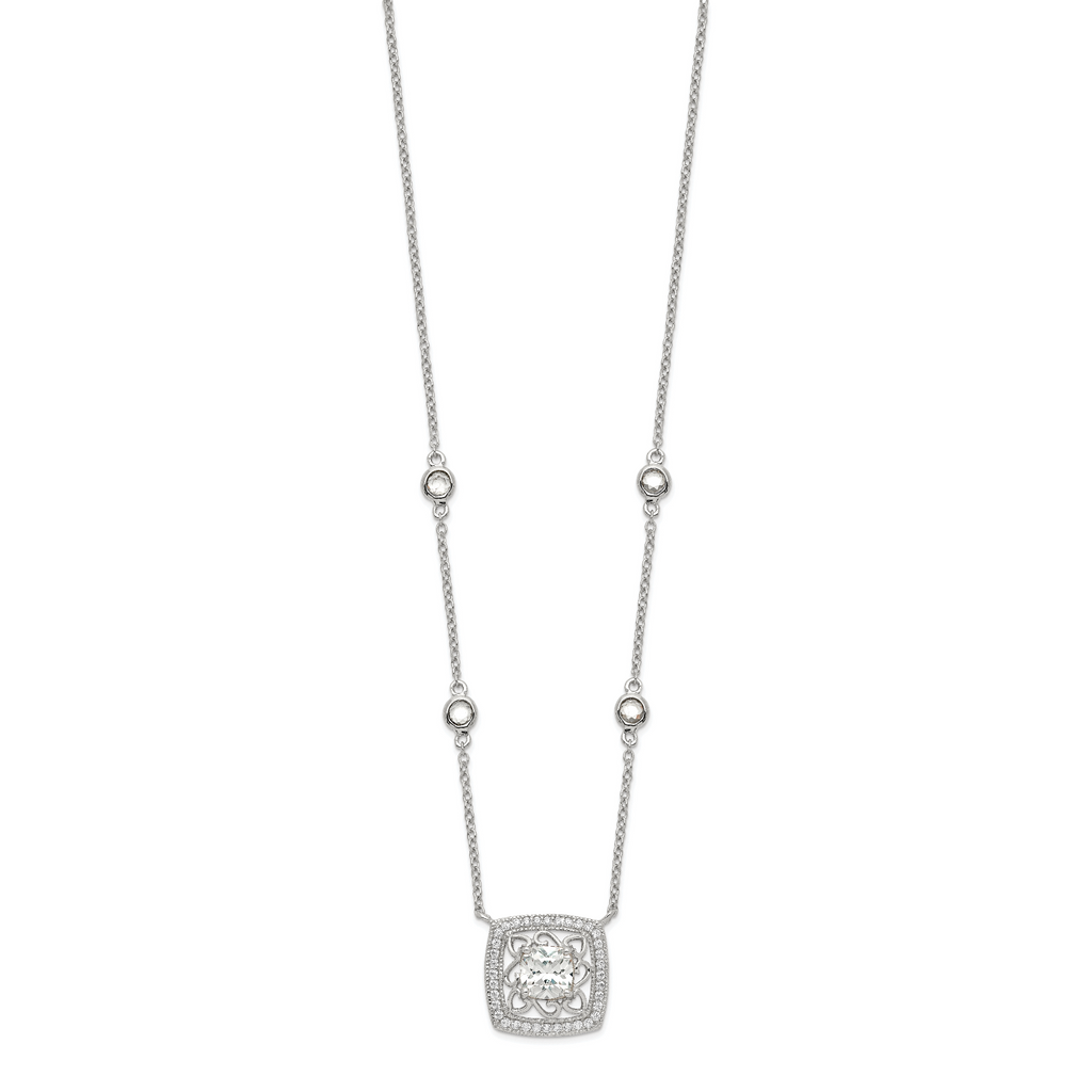 Sterling Silver Rhod-pltd Square CZ Pendant With 2in ext 4-Station Necklace