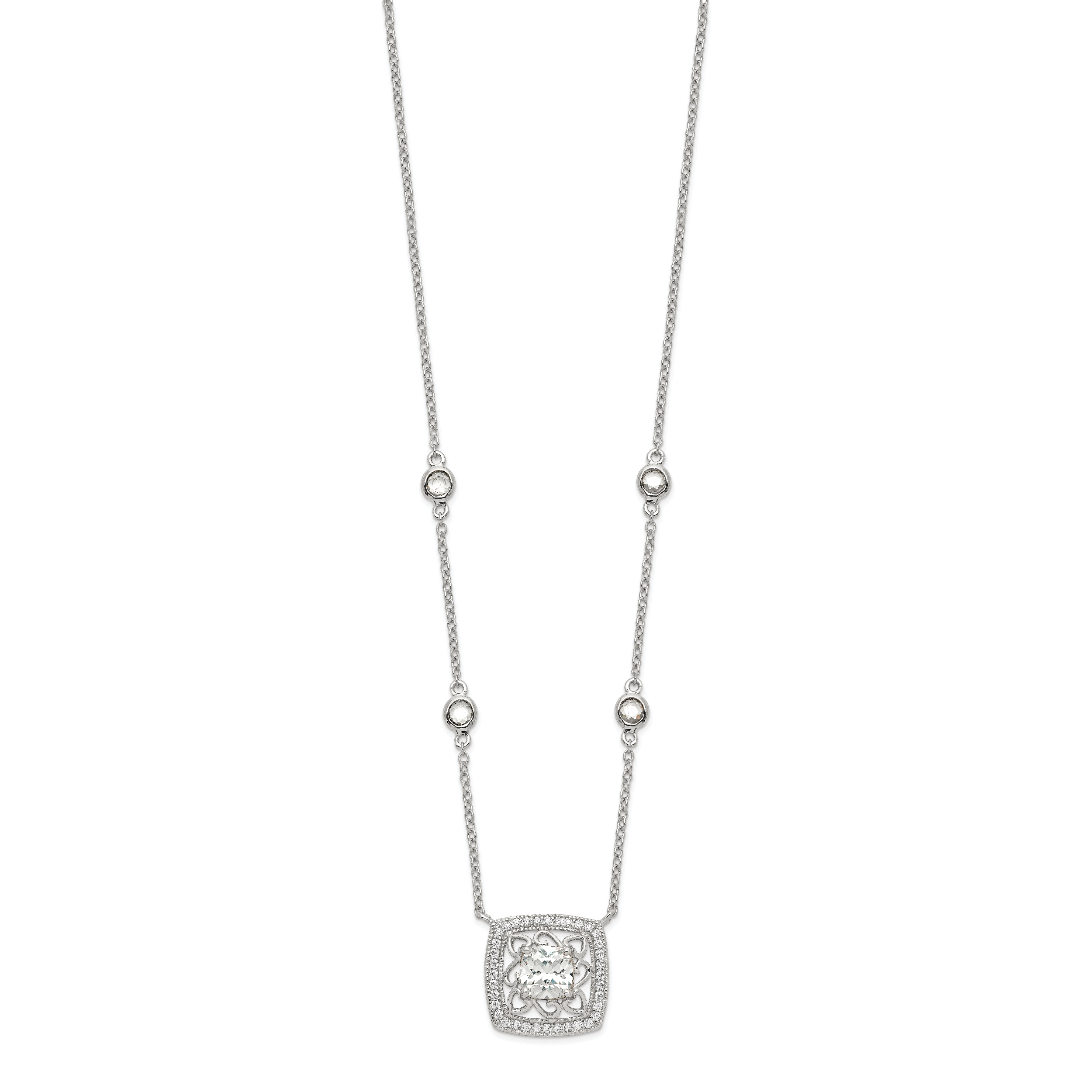 Sterling Silver Rhod-pltd Square CZ Pendant With 2in ext 4-Station Necklace