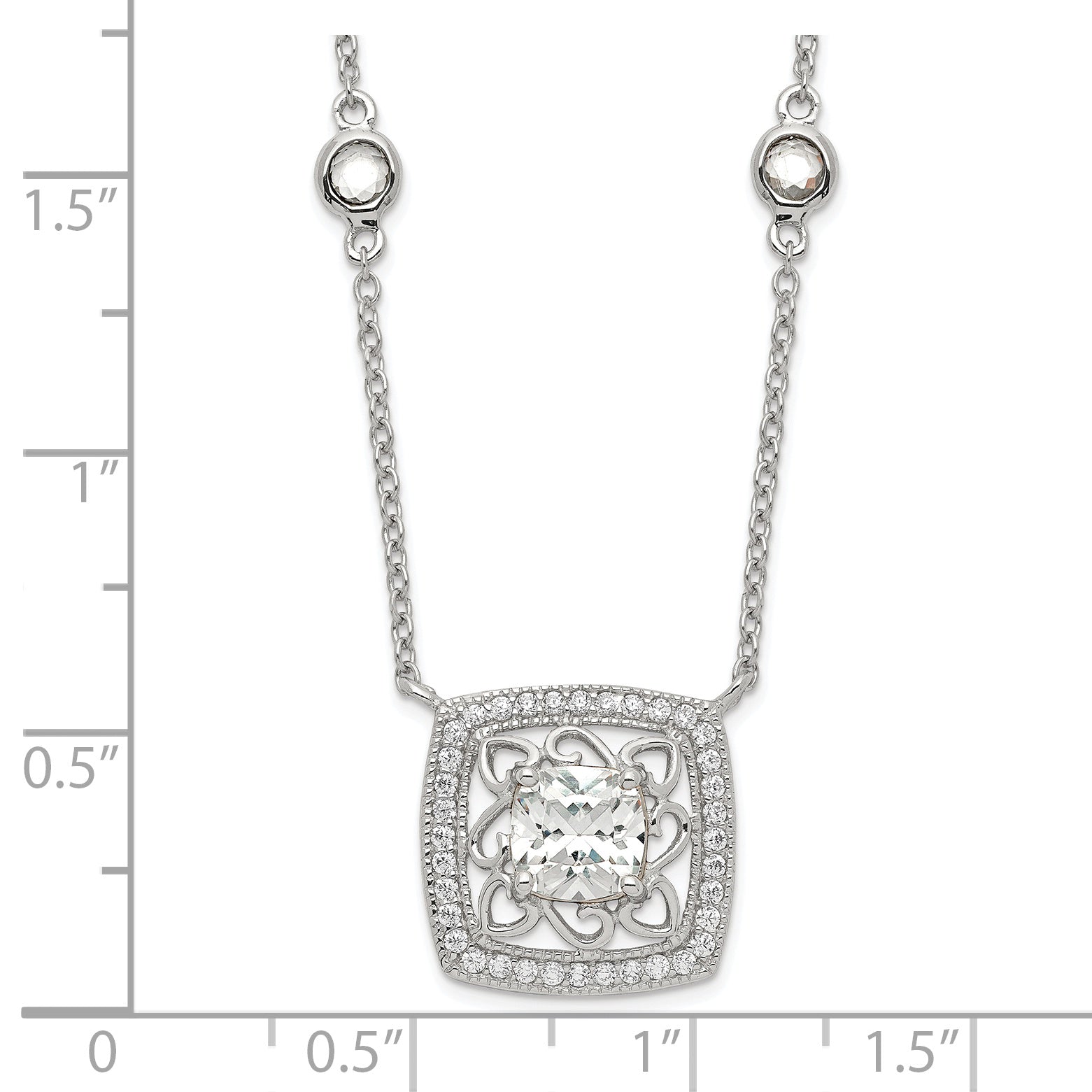 Sterling Silver Rhod-pltd Square CZ Pendant With 2in ext 4-Station Necklace