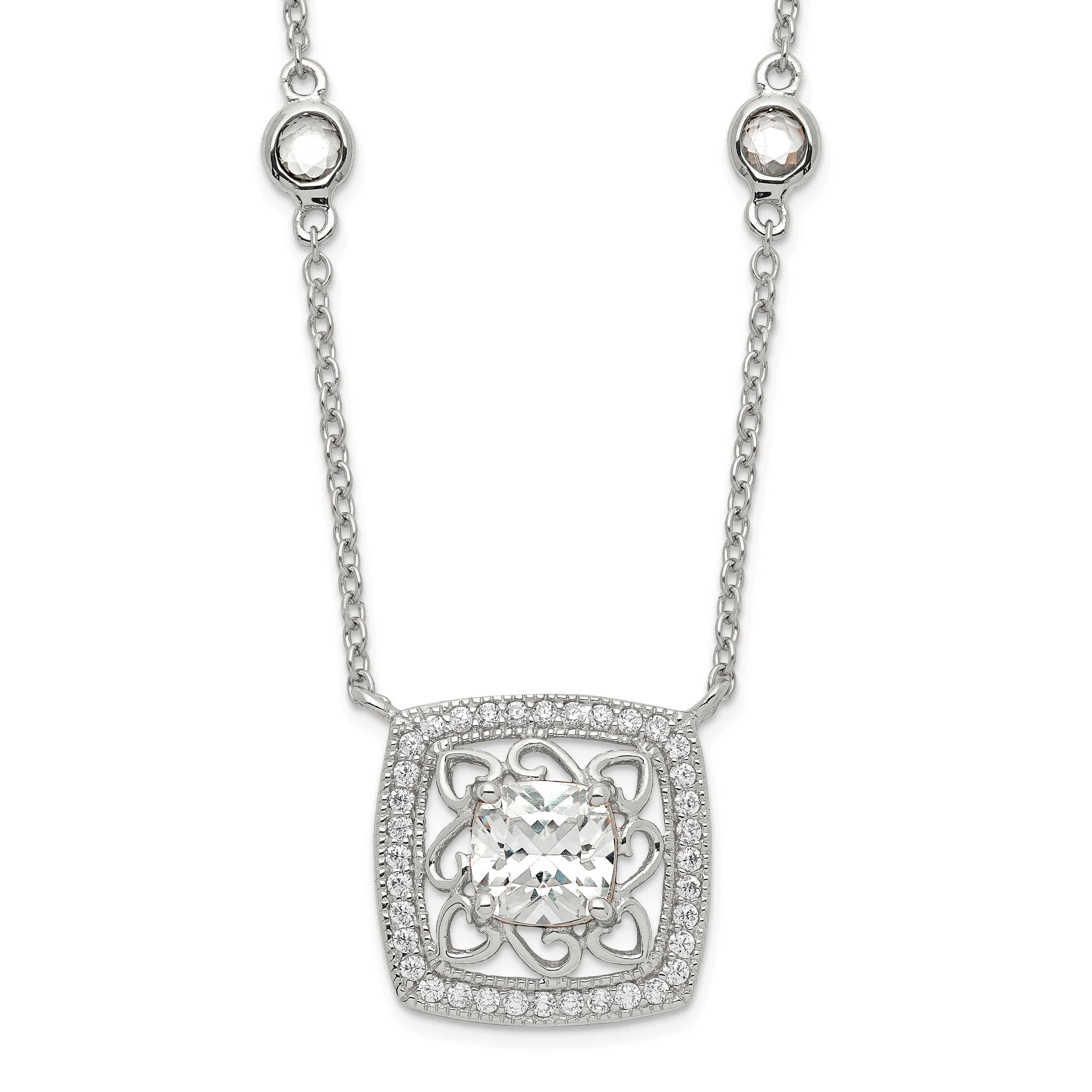 Sterling Silver Rhod-pltd Square CZ Pendant With 2in ext 4-Station Necklace