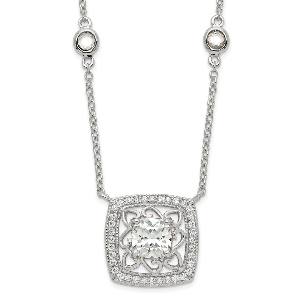 Sterling Silver Rhod-pltd Square CZ Pendant With 2in ext 4-Station Necklace