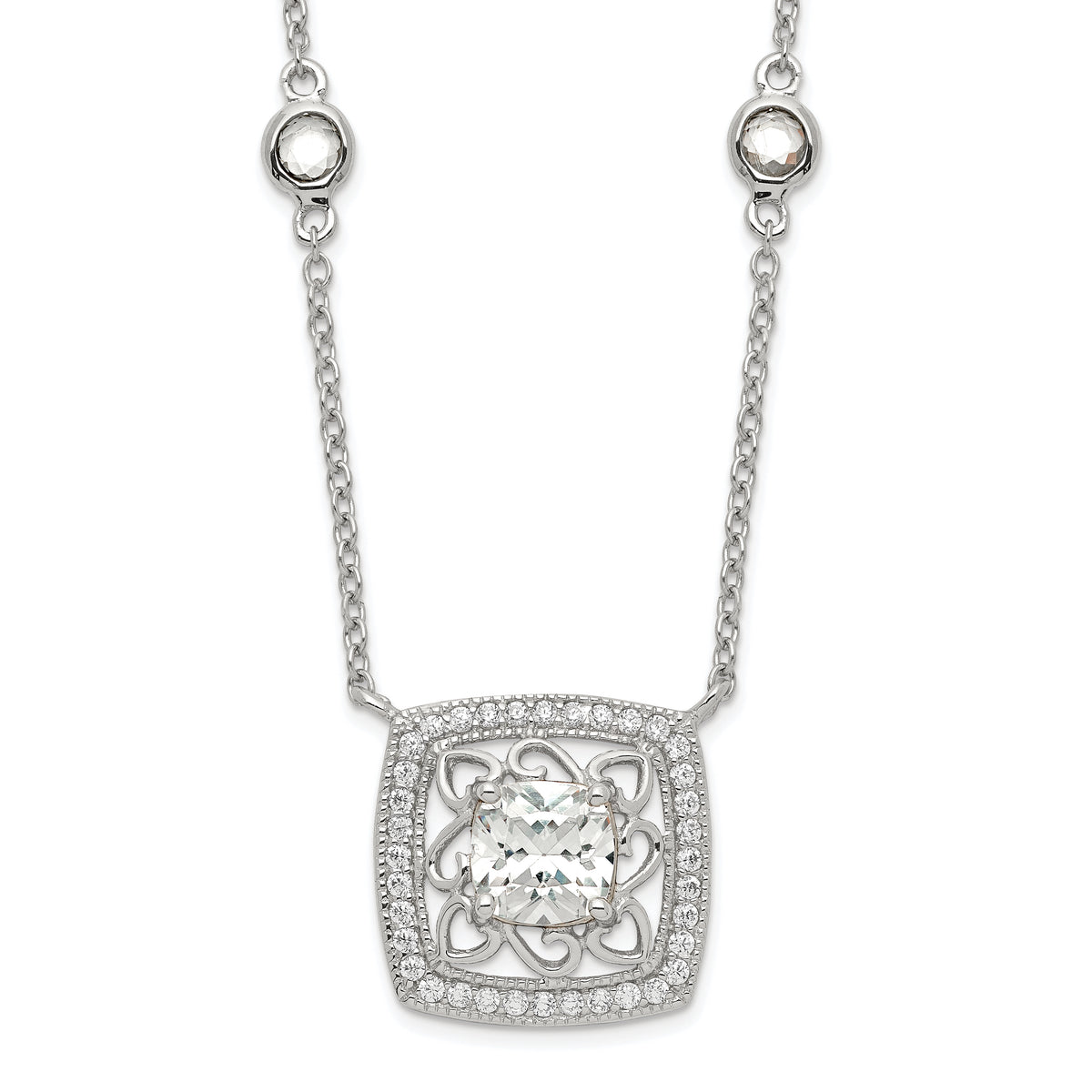 Sterling Silver Rhod-pltd Square CZ Pendant With 2in ext 4-Station Necklace