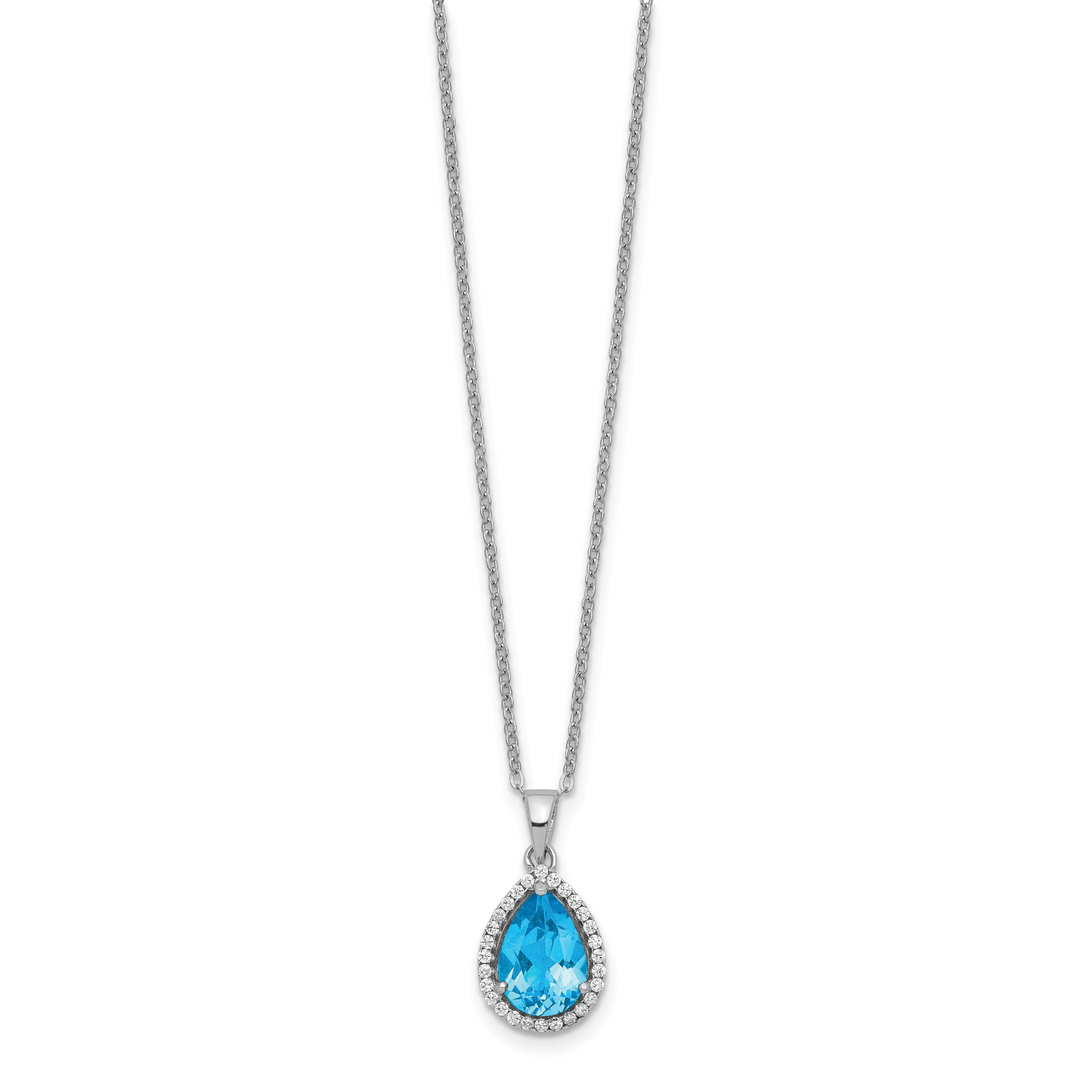 Sterling Silver Rhodium Polished Blue Topaz & CZ Necklace