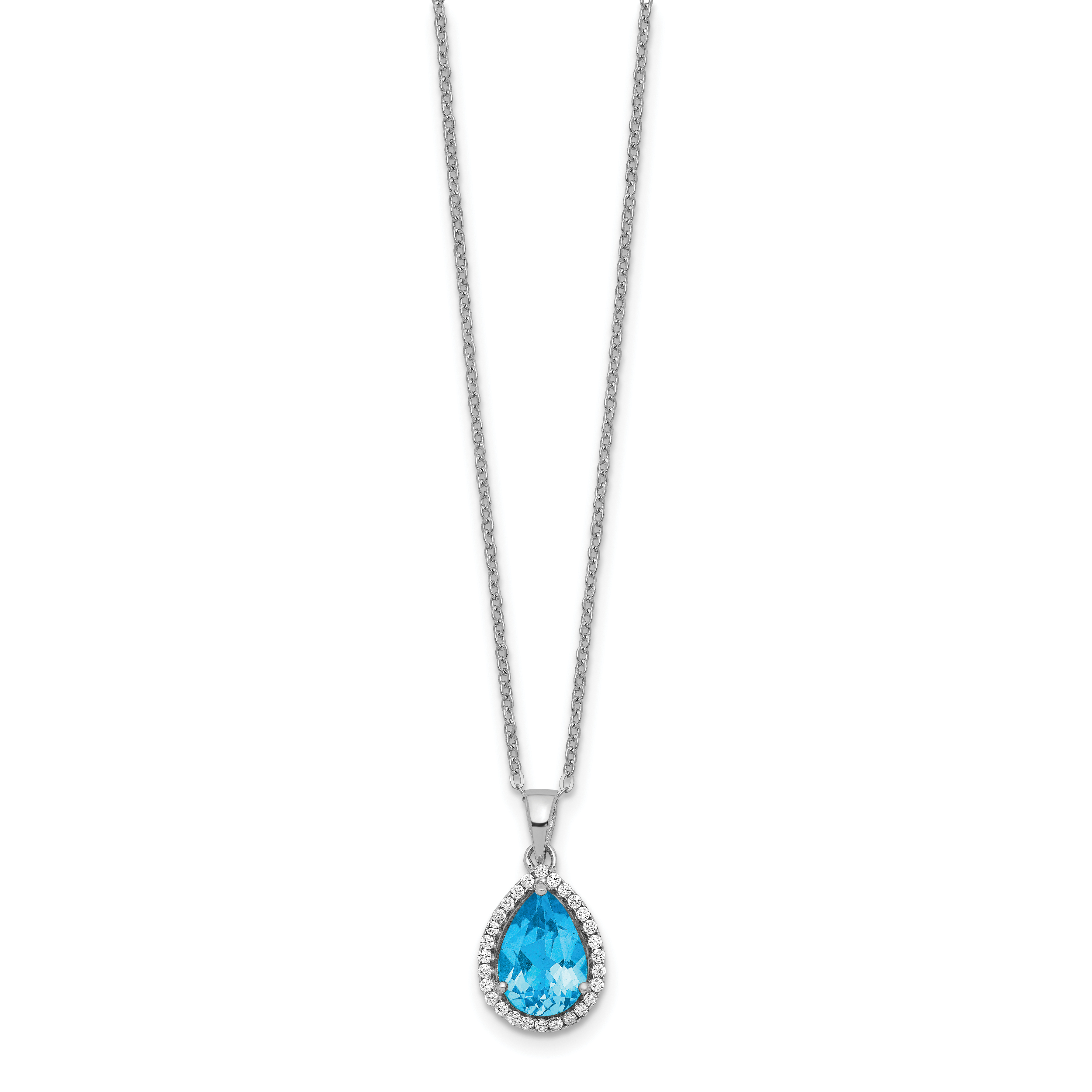 Sterling Silver Rhodium Polished Blue Topaz & CZ Necklace