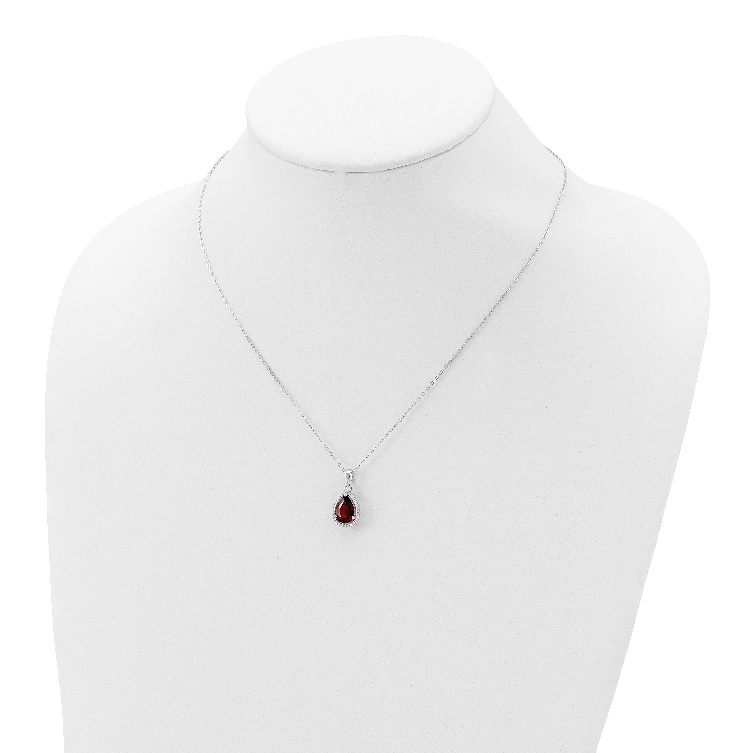 Sterling Silver Rhodium Polished Garnet & CZ Necklace