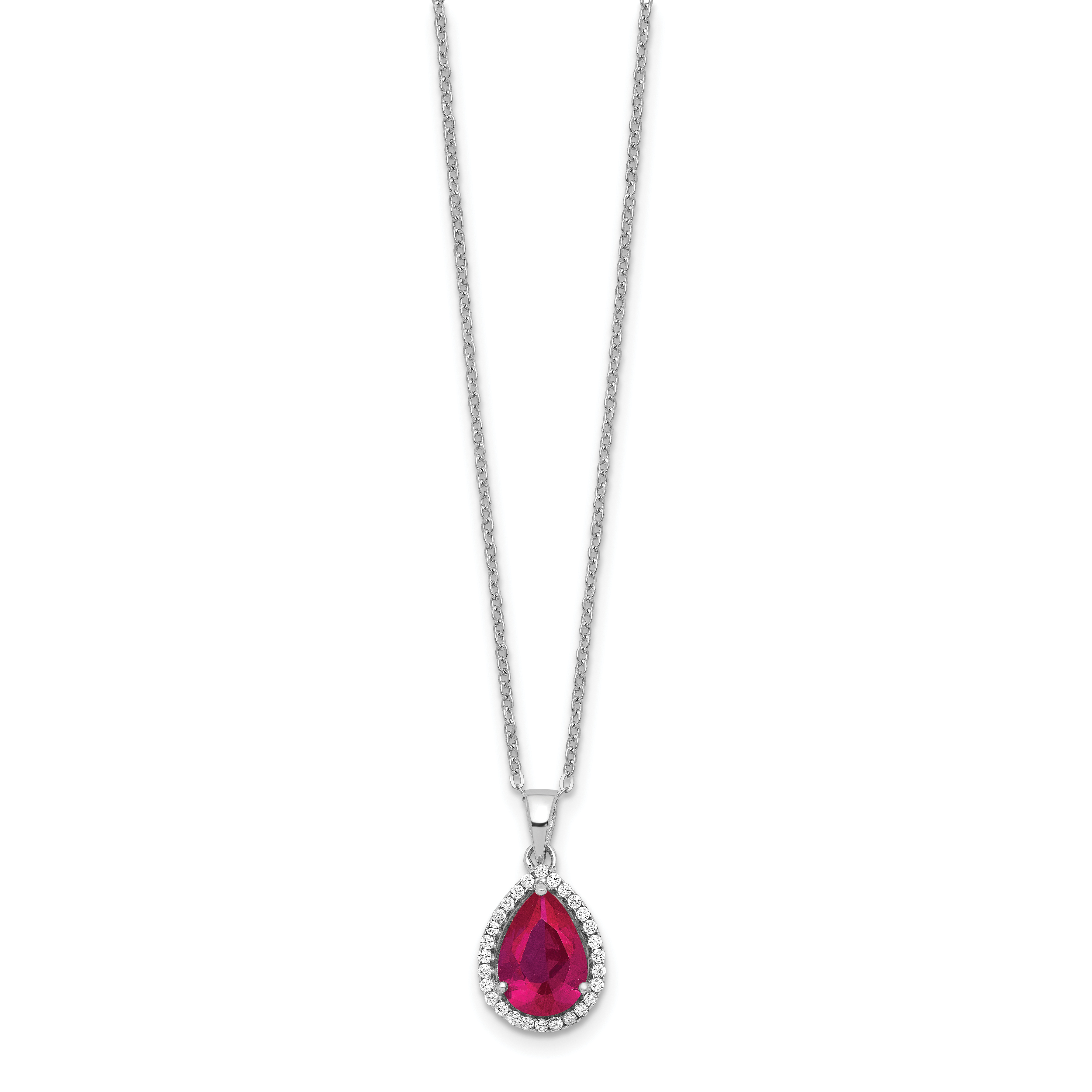Sterling Silver 18in Rhodium Plated Polished Clear CZ and Lab Created Ruby Pear Shaped Necklace Secondary image