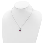 Sterling Silver 18in Rhodium Plated Polished Clear CZ and Lab Created Ruby Pear Shaped Necklace