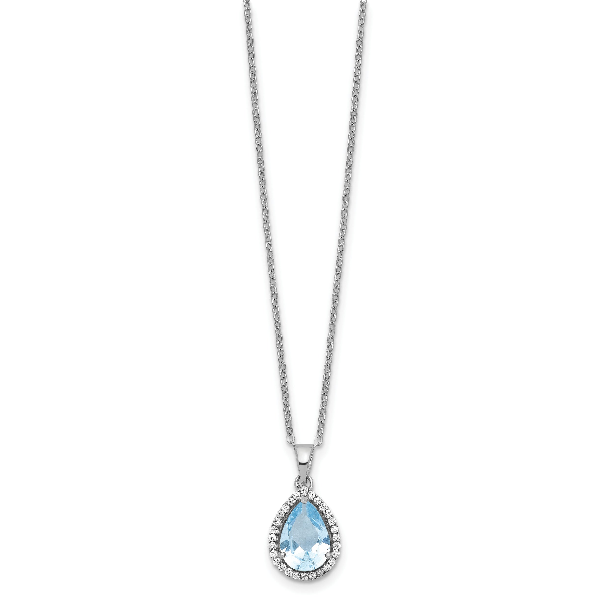 Sterling Silver Rhodium Polished Imitation Aquamarine & CZ Necklace