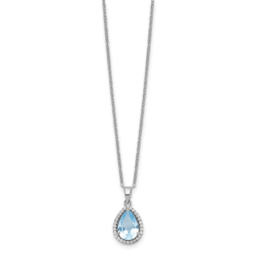 Sterling Silver Rhodium Polished Imitation Aquamarine & CZ Necklace