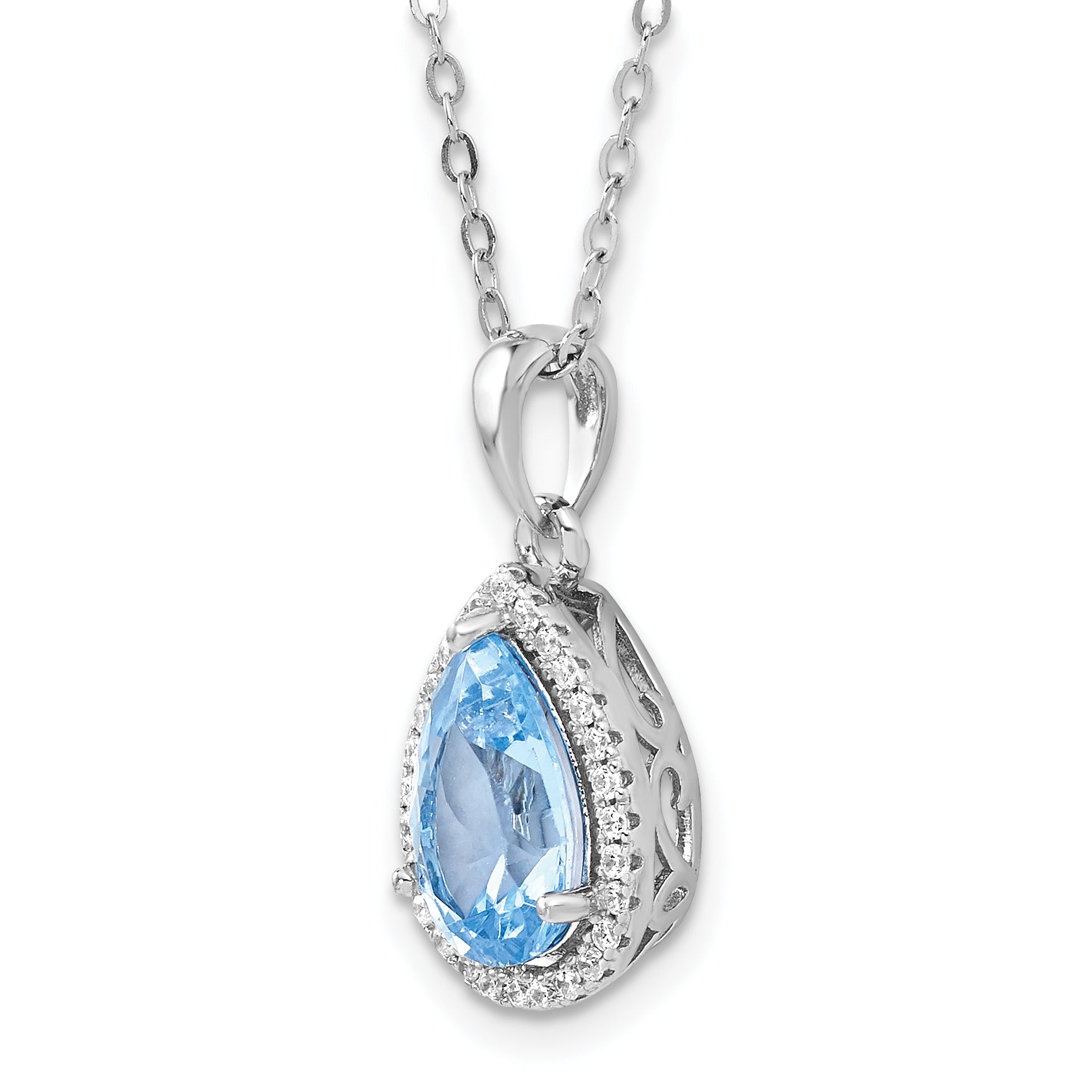 Sterling Silver Rhodium Polished Imitation Aquamarine & CZ Necklace