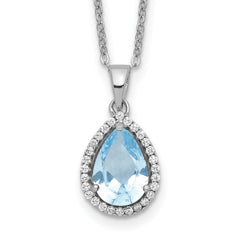Sterling Silver Rhodium Polished Imitation Aquamarine & CZ Necklace