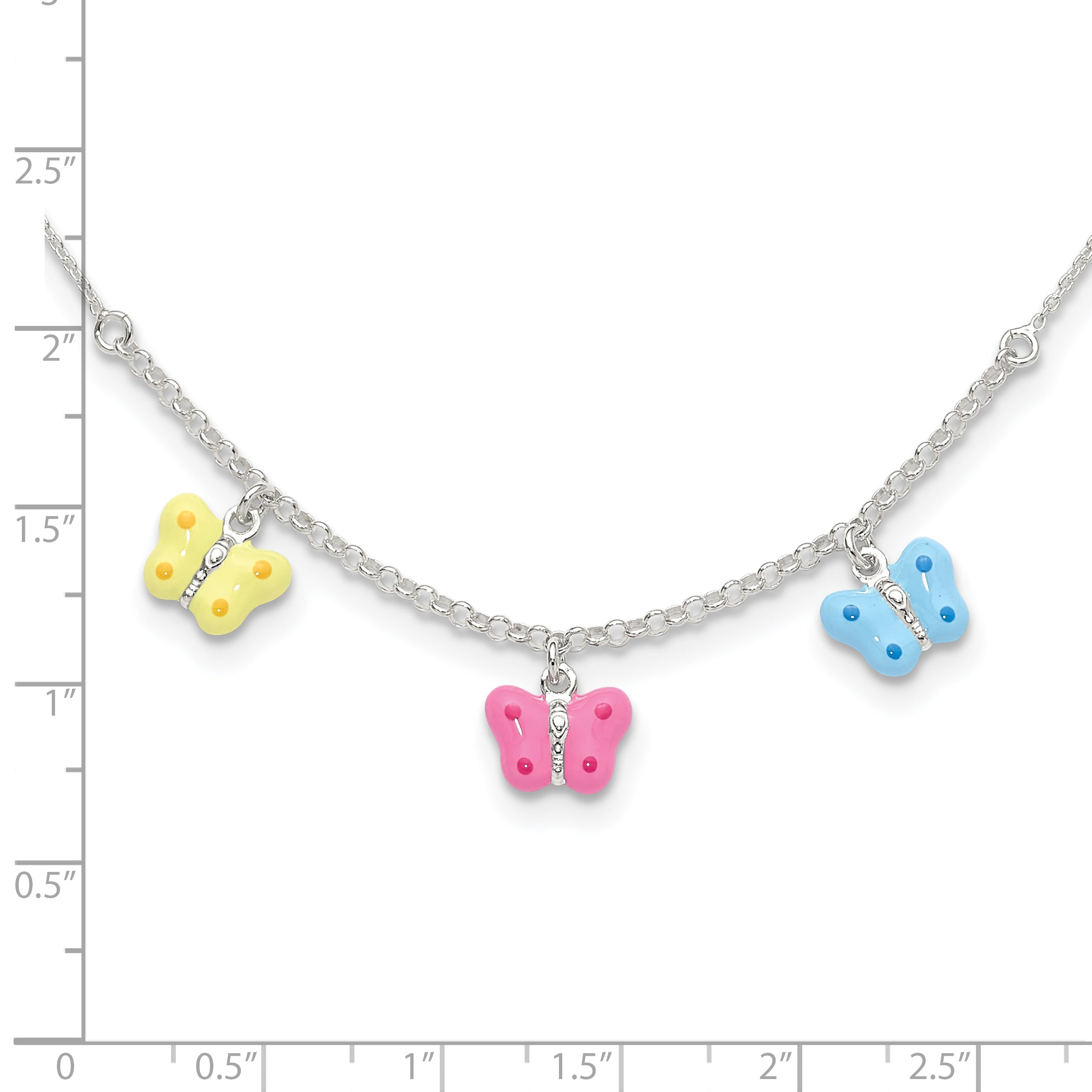 Sterling Silver Polished Yellow, Pink and Blue Enameled Three Butterfly Children's Necklace Secondary image