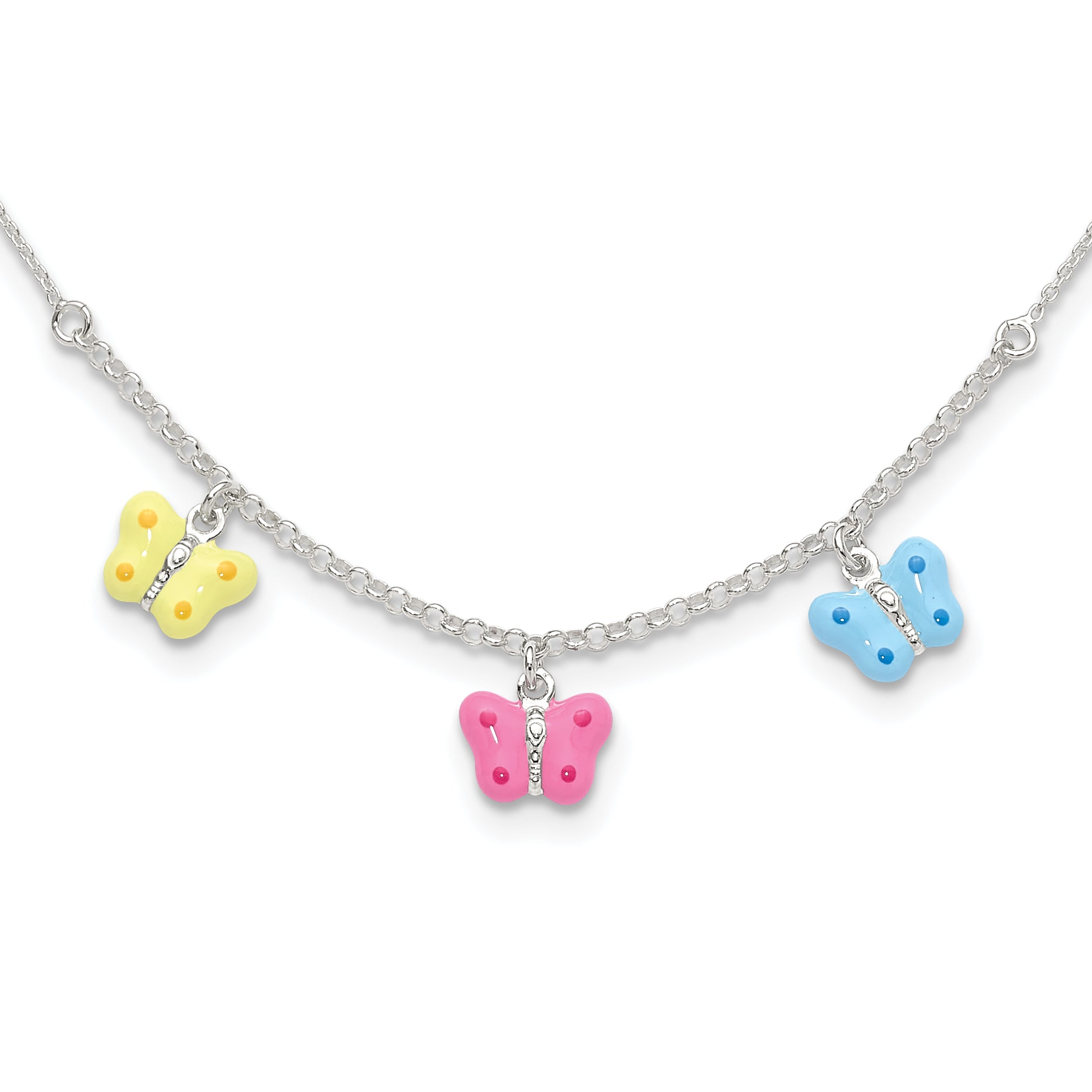Sterling Silver Polished Yellow, Pink and Blue Enameled Three Butterfly Children's Necklace Main image