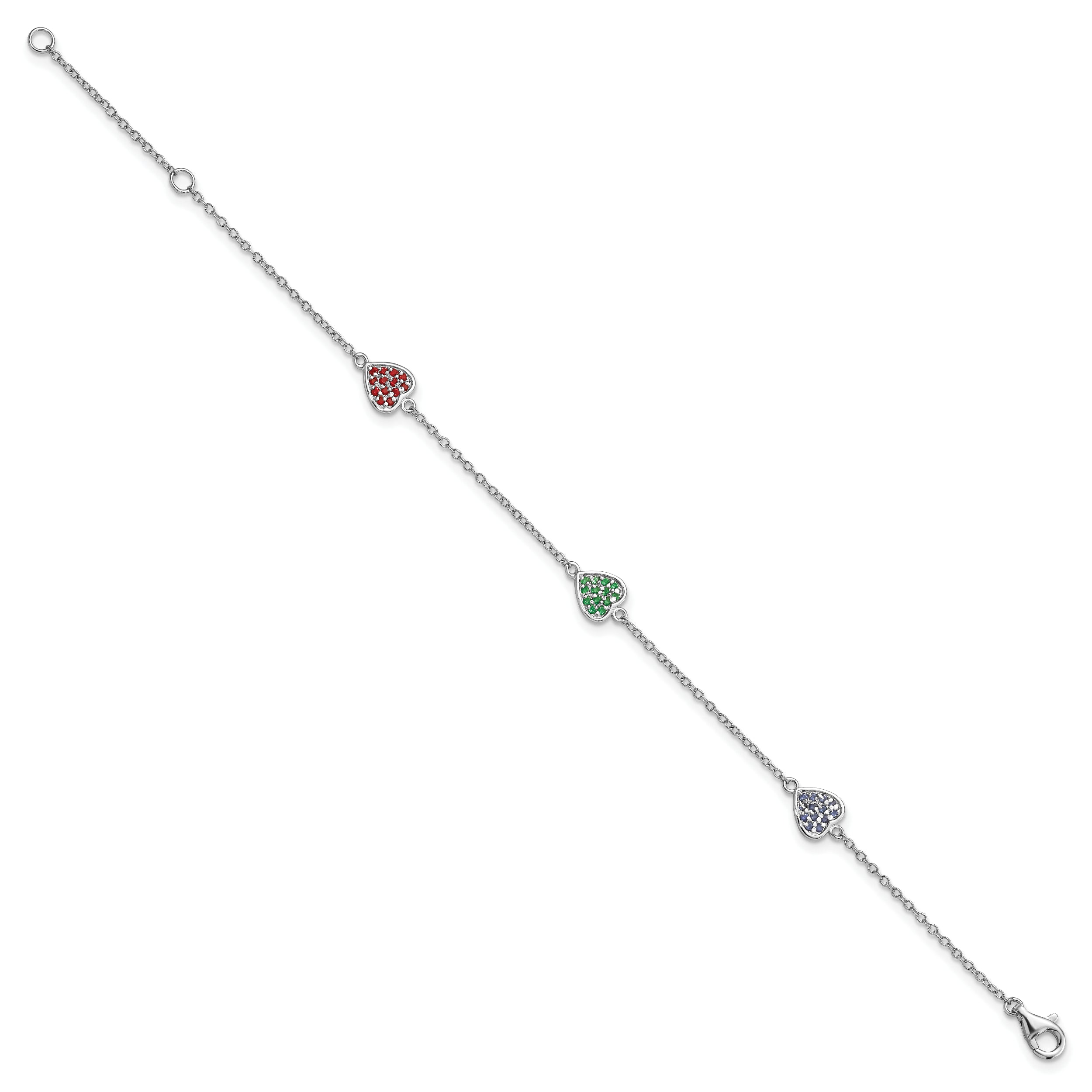 Sterling Silver Rhodium-plated Red, Green and Blue Glass Hearts with 1 Inch Extension Bracelet