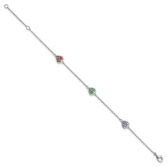 Sterling Silver Rhodium-plated Red, Green and Blue Glass Hearts with 1 Inch Extension Bracelet