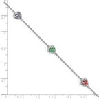 Sterling Silver Rhodium-plated Red, Green and Blue Glass Hearts with 1 Inch Extension Bracelet