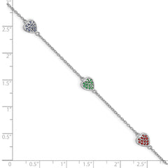 Sterling Silver Rhodium-plated Red, Green and Blue Glass Hearts with 1 Inch Extension Bracelet
