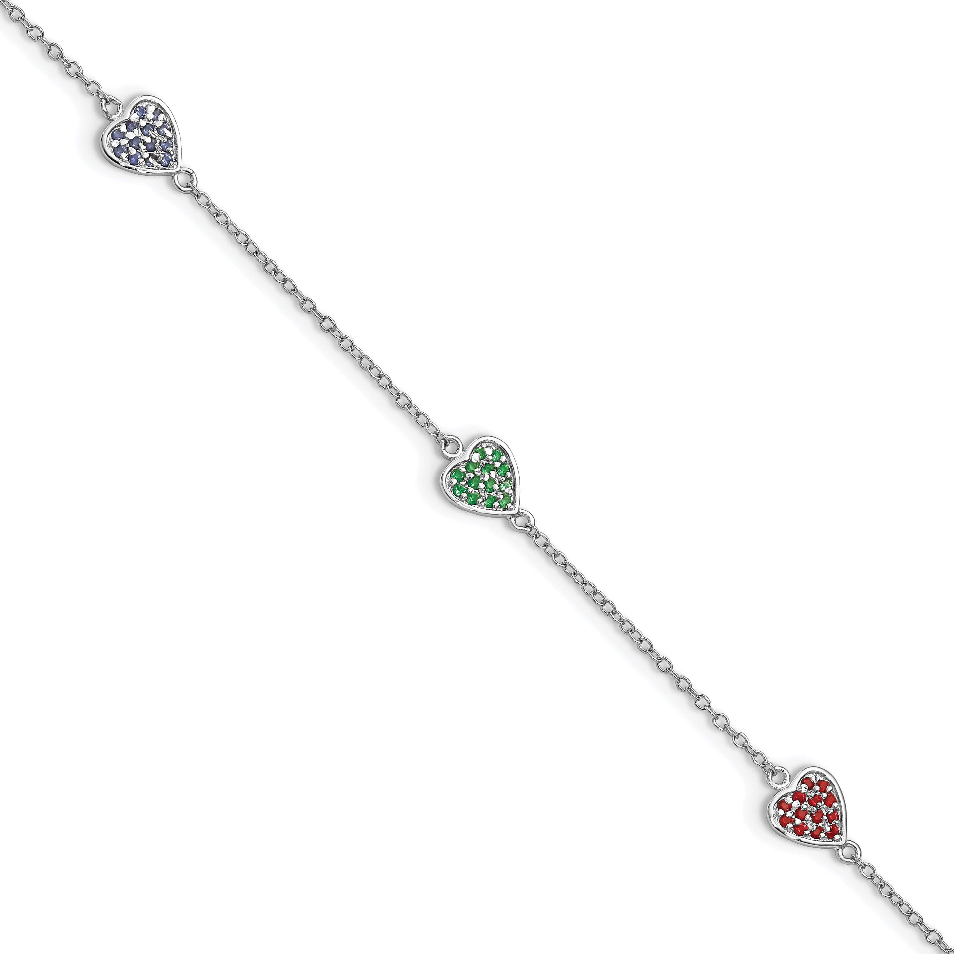 Sterling Silver Rhodium-plated Red, Green and Blue Glass Hearts with 1 Inch Extension Bracelet Main image